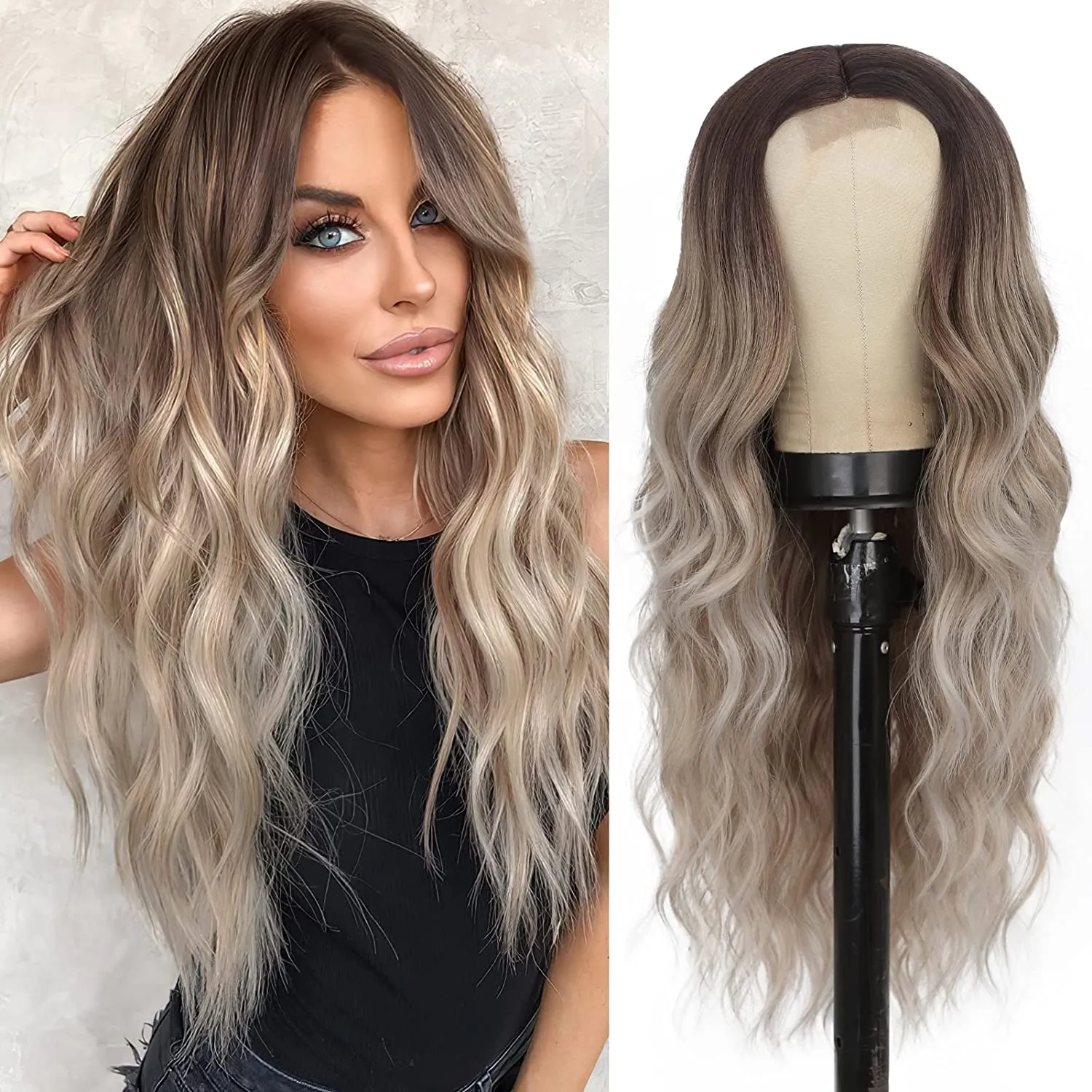 Ombre Ash Blonde Middle Part Synthetic Wigs