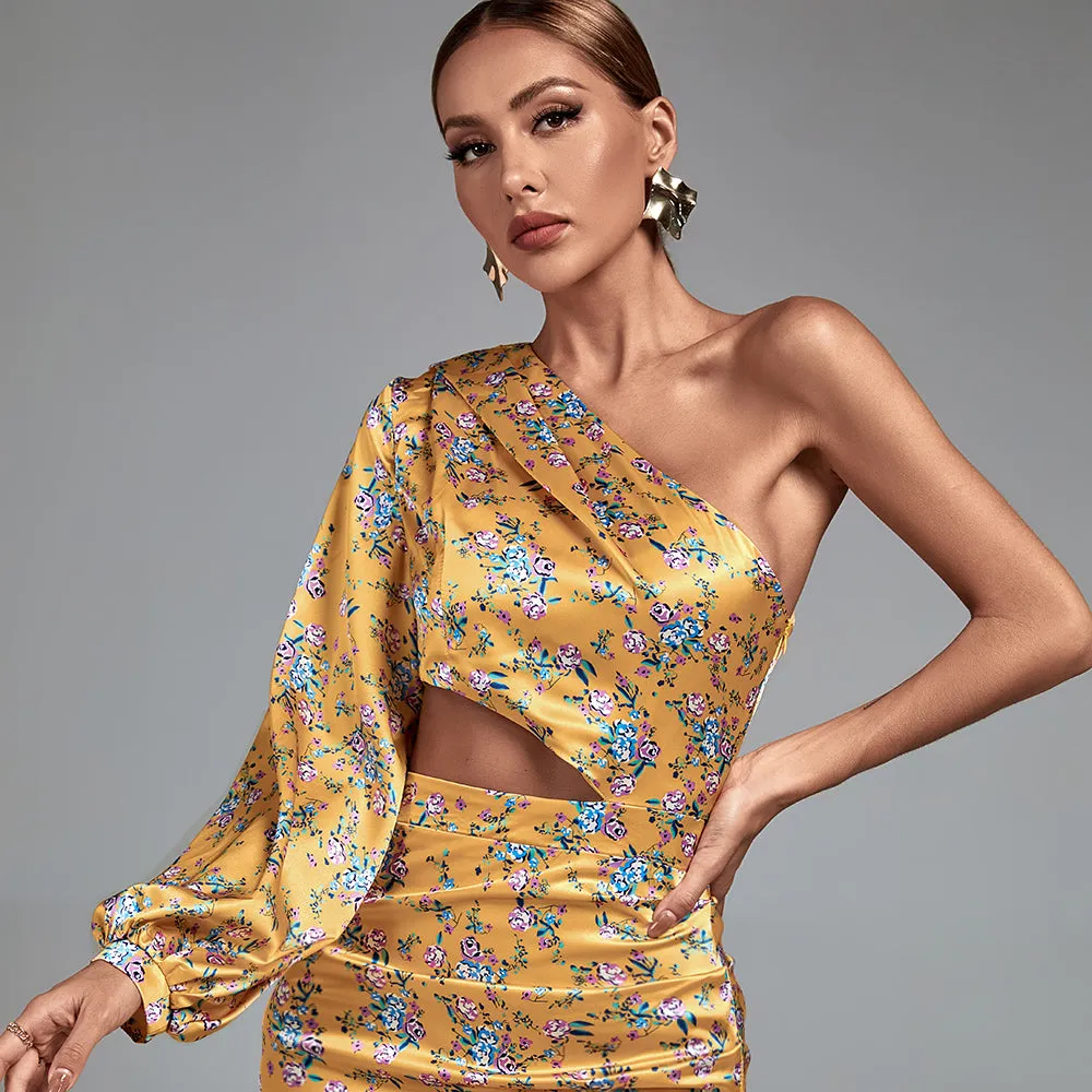 One Shoulder Cut Out Maxi Flowers Dress