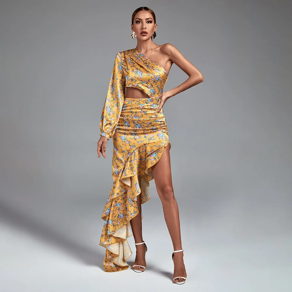 One Shoulder Cut Out Maxi Flowers Dress