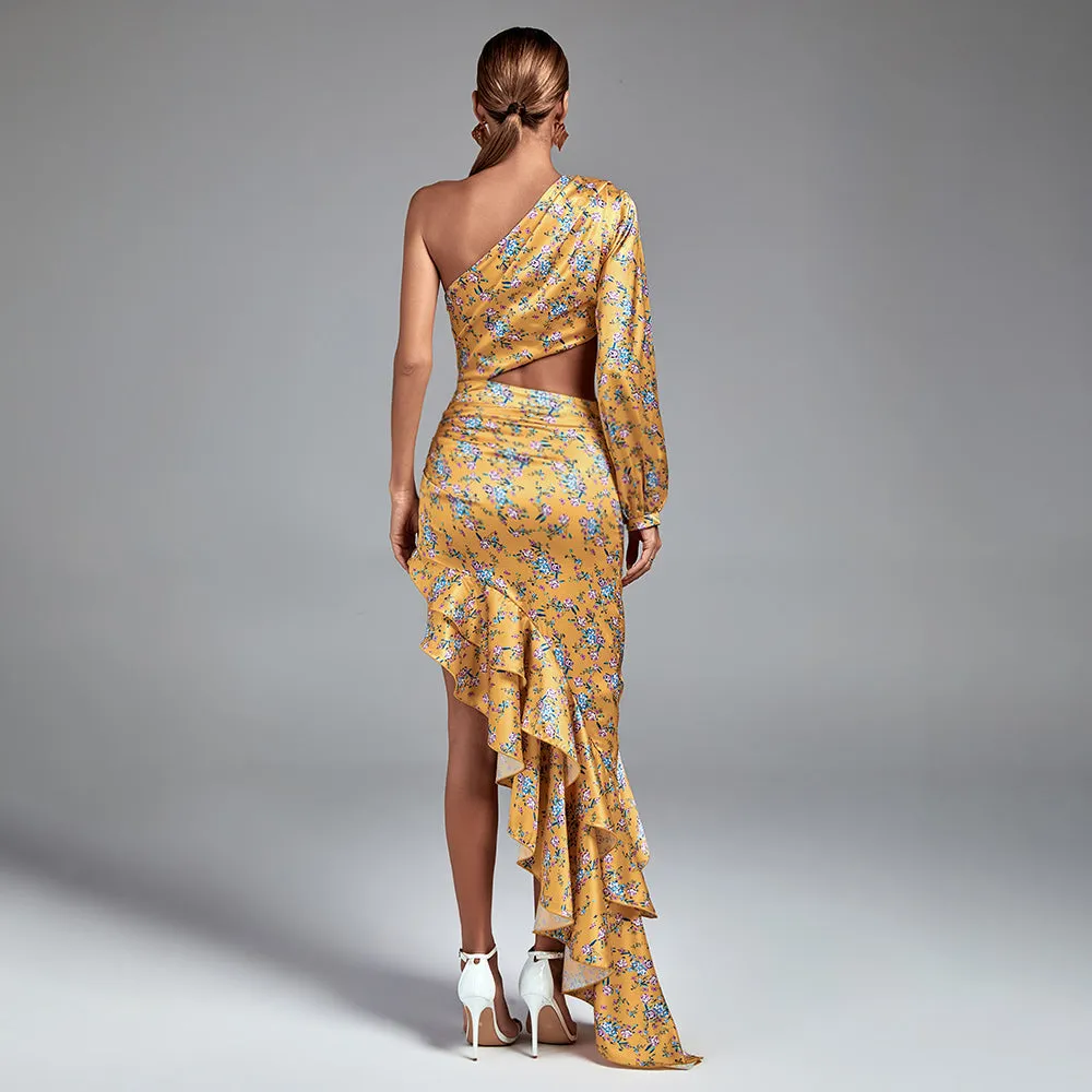 One Shoulder Cut Out Maxi Flowers Dress