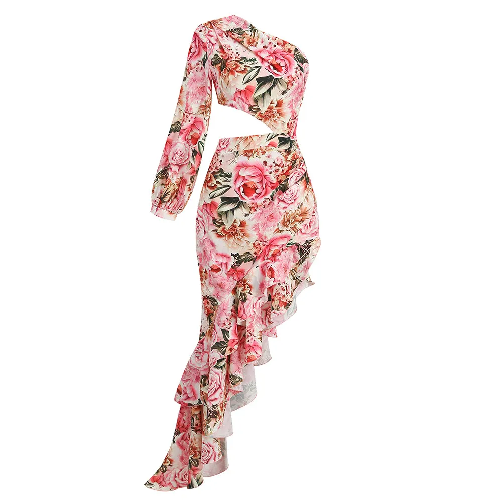 One Shoulder Cut Out Maxi Flowers Dress