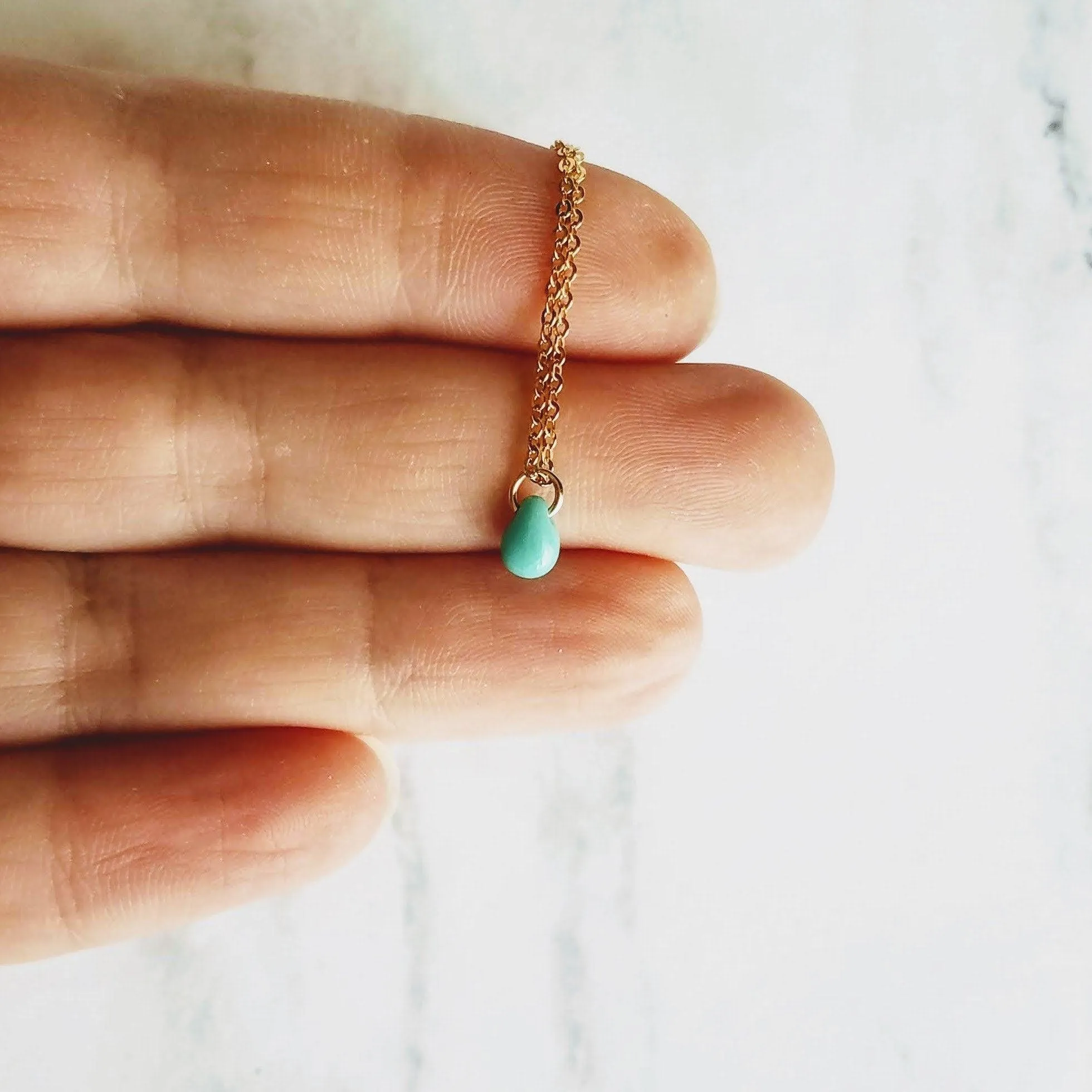 Orange Drop Necklace -  very tiny cantaloupe color glass pendant, 14K gold fill chain, delicate small little teardrop, gift for her under 30
