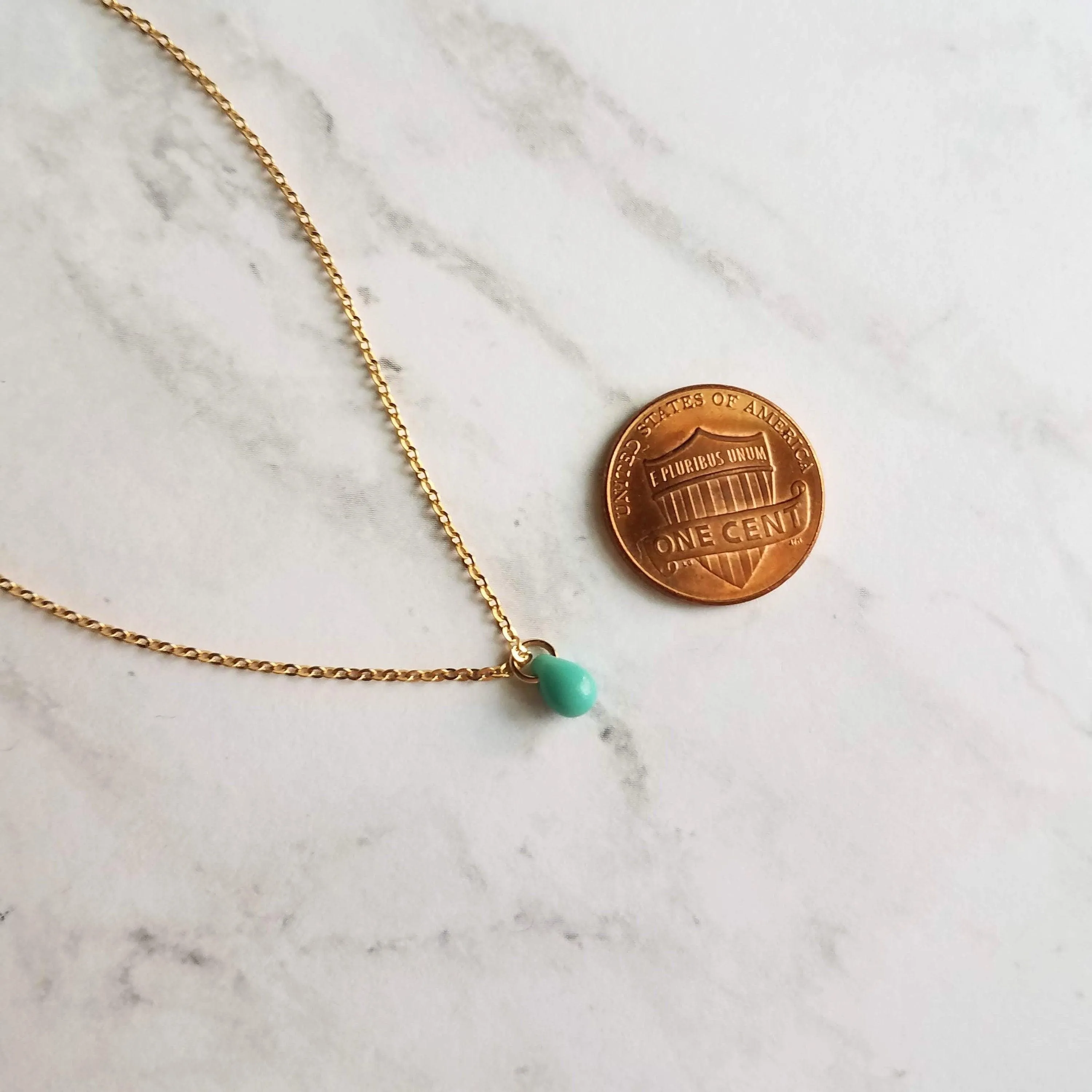 Orange Drop Necklace -  very tiny cantaloupe color glass pendant, 14K gold fill chain, delicate small little teardrop, gift for her under 30