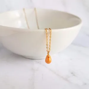 Orange Drop Necklace -  very tiny cantaloupe color glass pendant, 14K gold fill chain, delicate small little teardrop, gift for her under 30