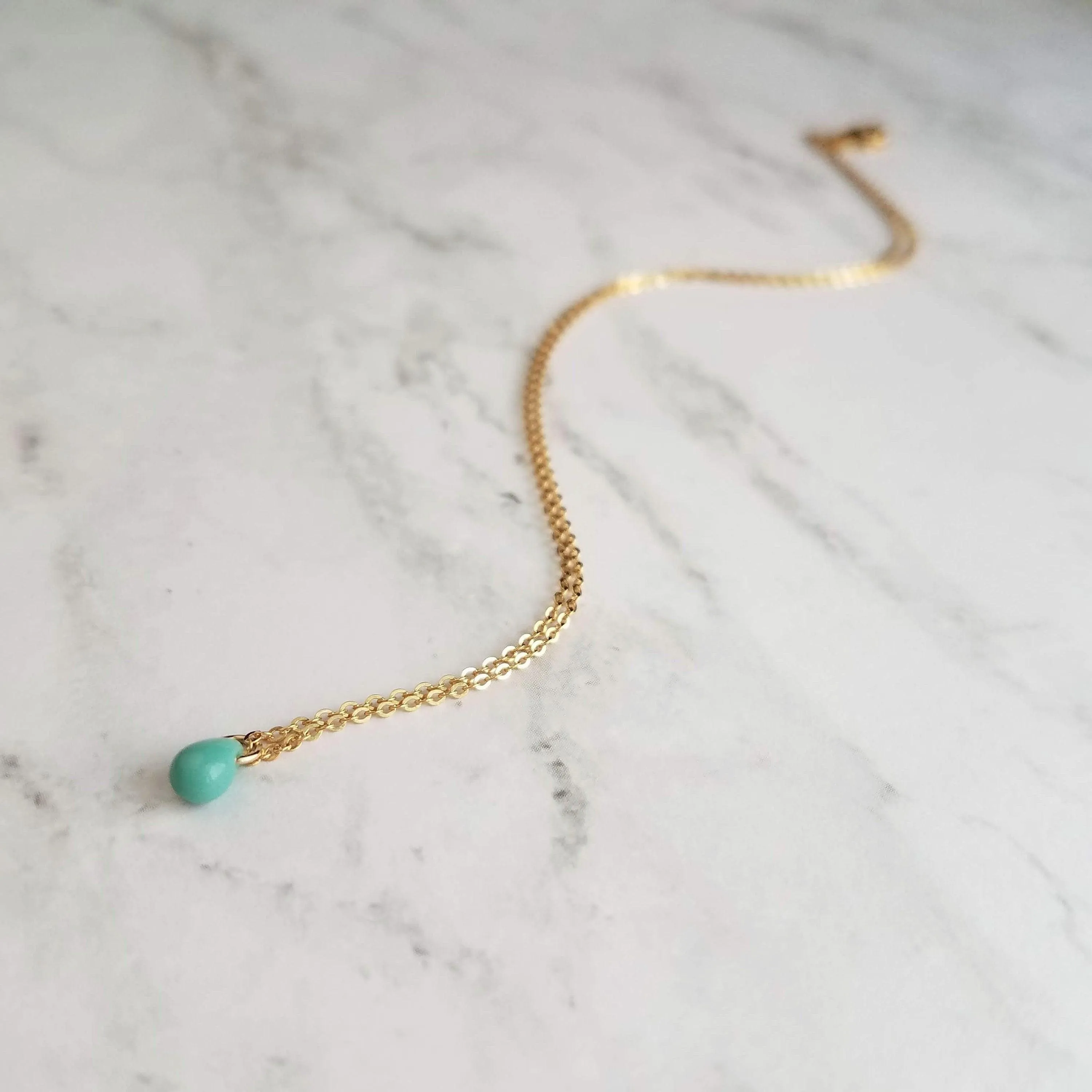 Orange Drop Necklace -  very tiny cantaloupe color glass pendant, 14K gold fill chain, delicate small little teardrop, gift for her under 30