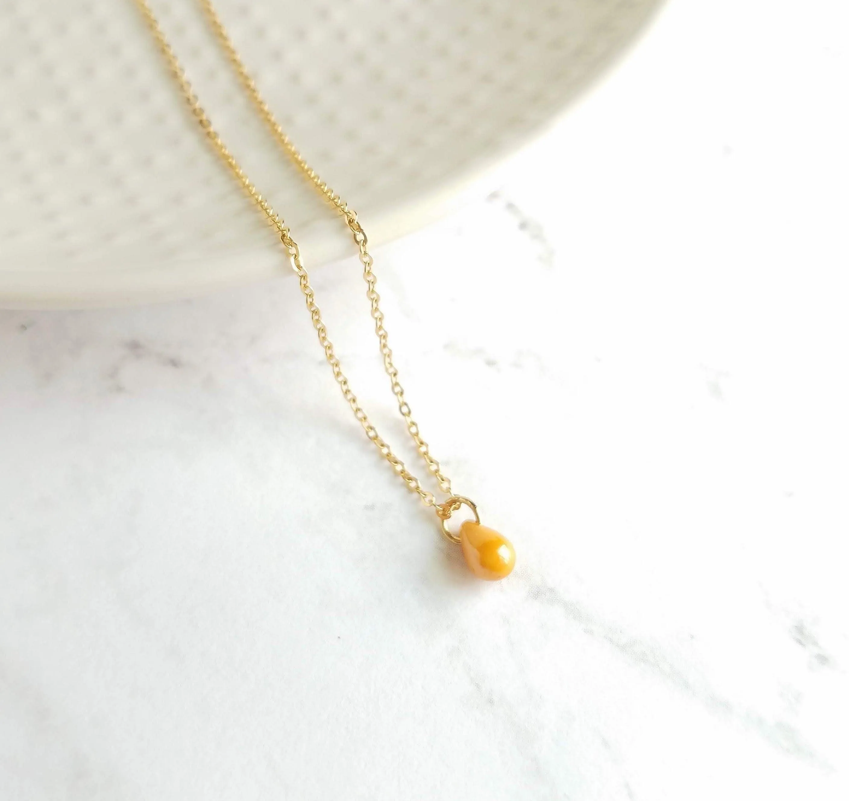 Orange Drop Necklace -  very tiny cantaloupe color glass pendant, 14K gold fill chain, delicate small little teardrop, gift for her under 30
