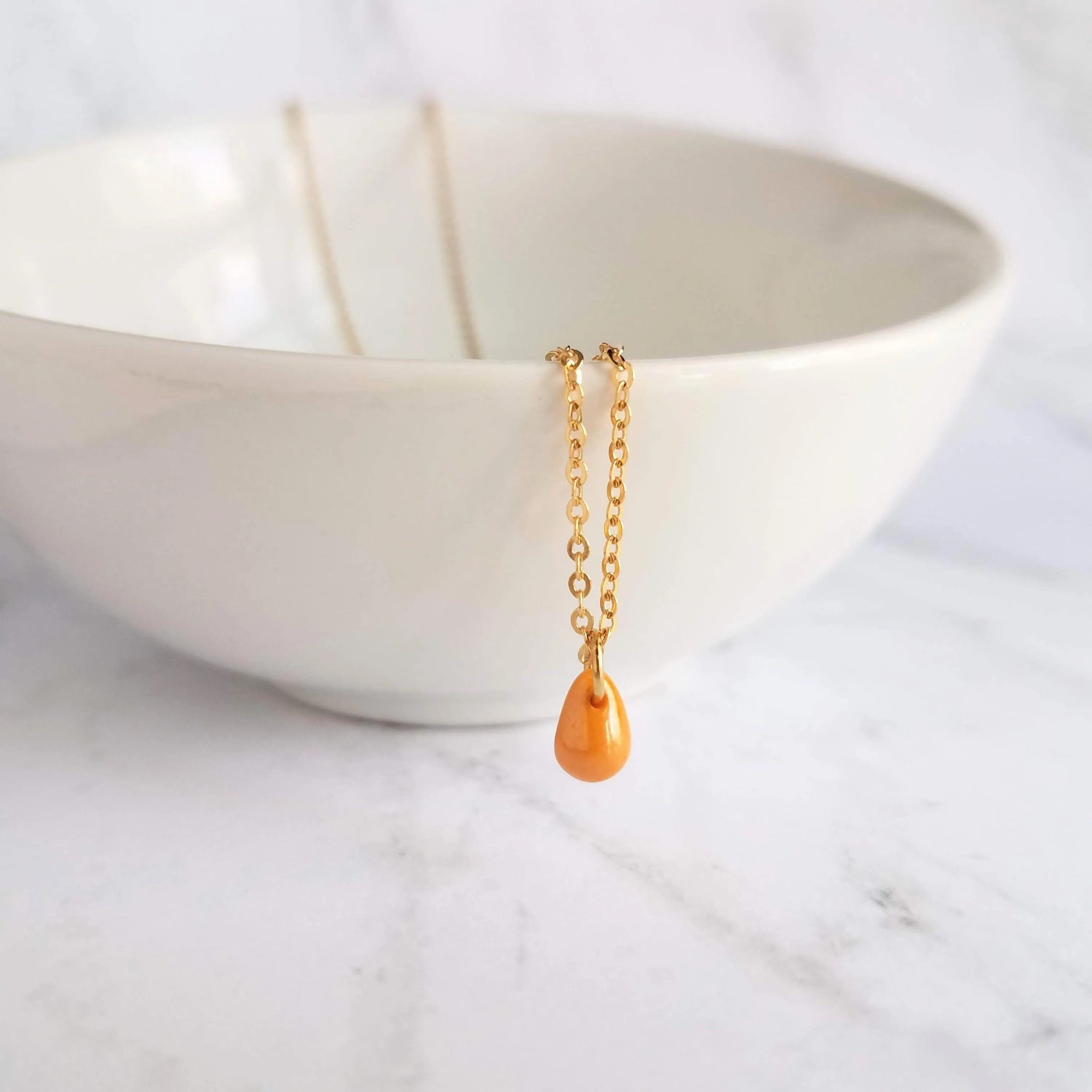 Orange Drop Necklace -  very tiny cantaloupe color glass pendant, 14K gold fill chain, delicate small little teardrop, gift for her under 30