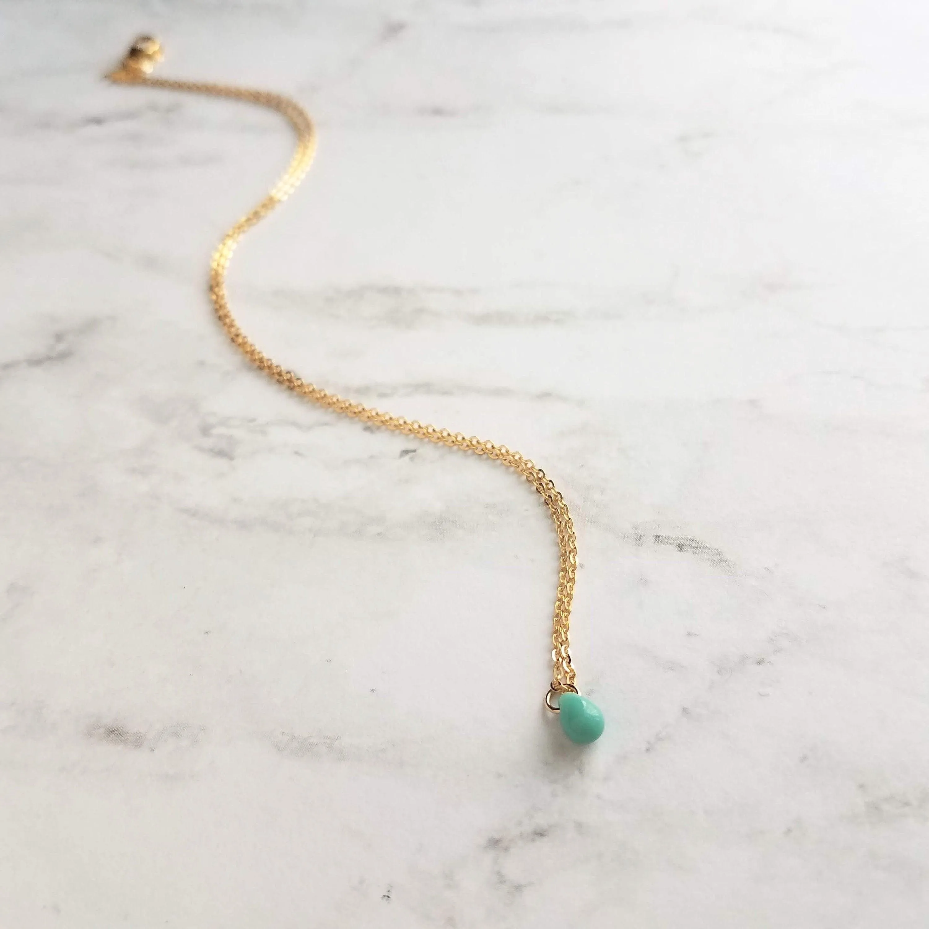 Orange Drop Necklace -  very tiny cantaloupe color glass pendant, 14K gold fill chain, delicate small little teardrop, gift for her under 30