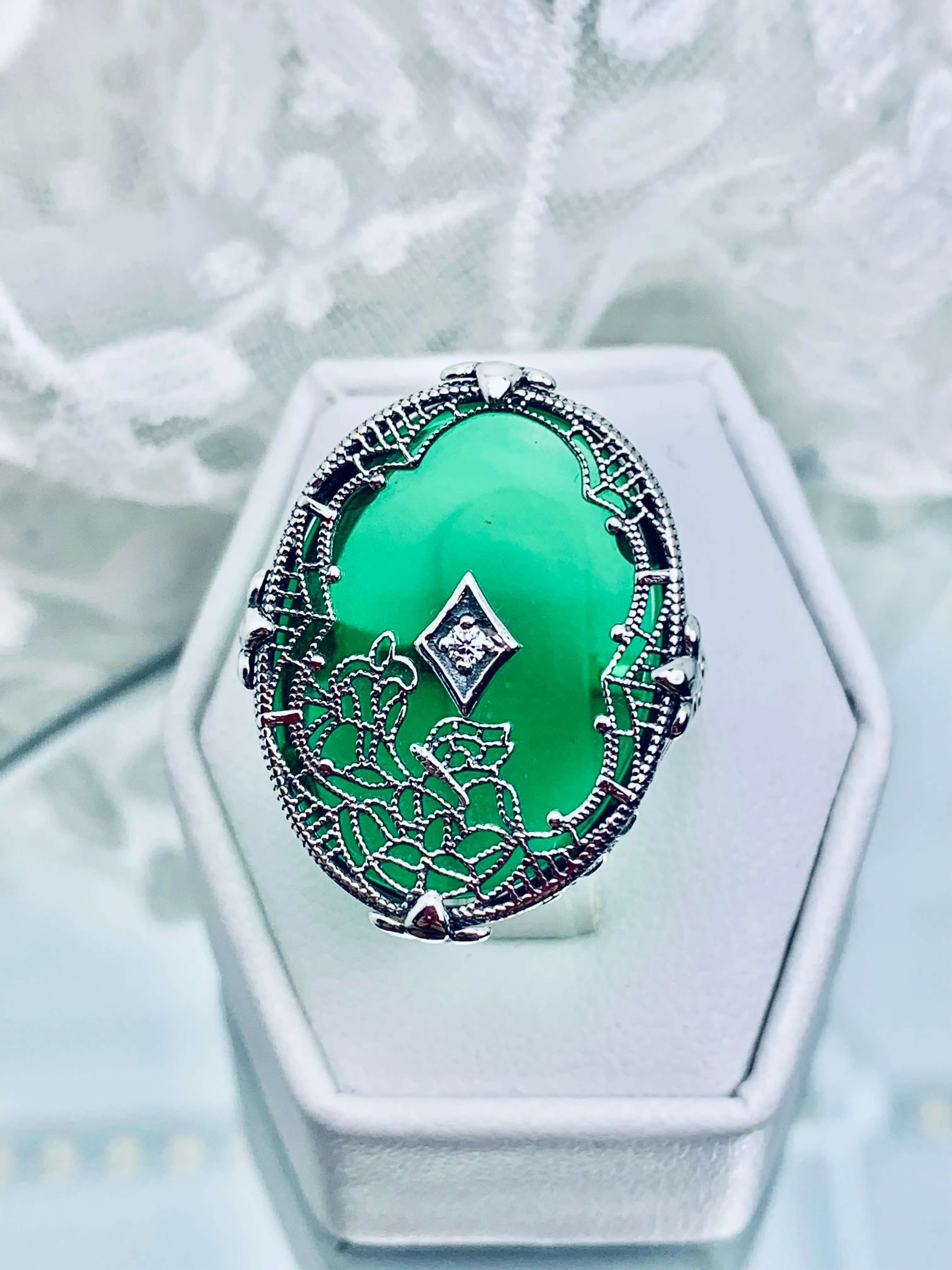Oval Stained Glass Ring, Green Camphor Glass with inset, Looking Glass #D594
