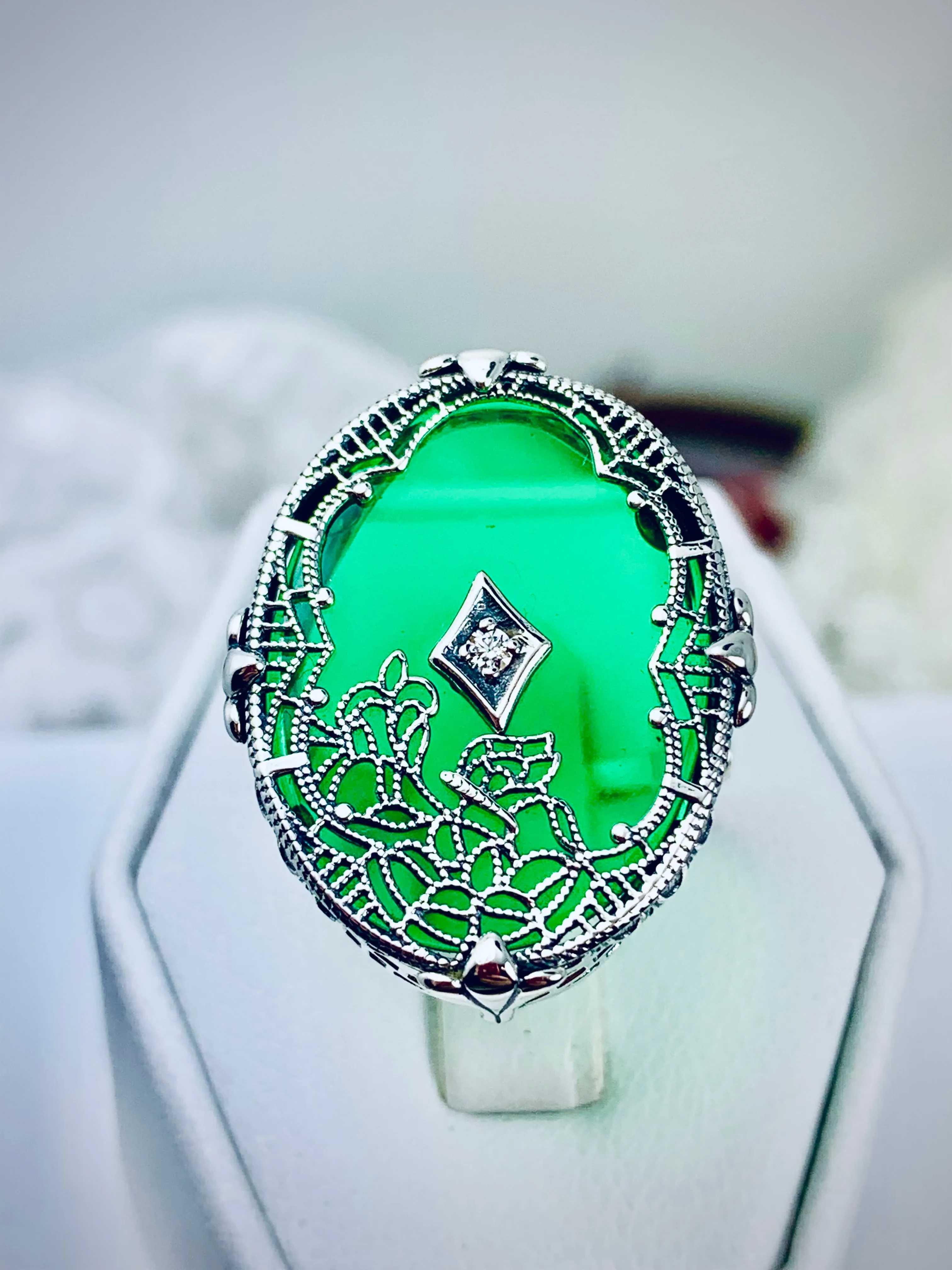 Oval Stained Glass Ring, Green Camphor Glass with inset, Looking Glass #D594