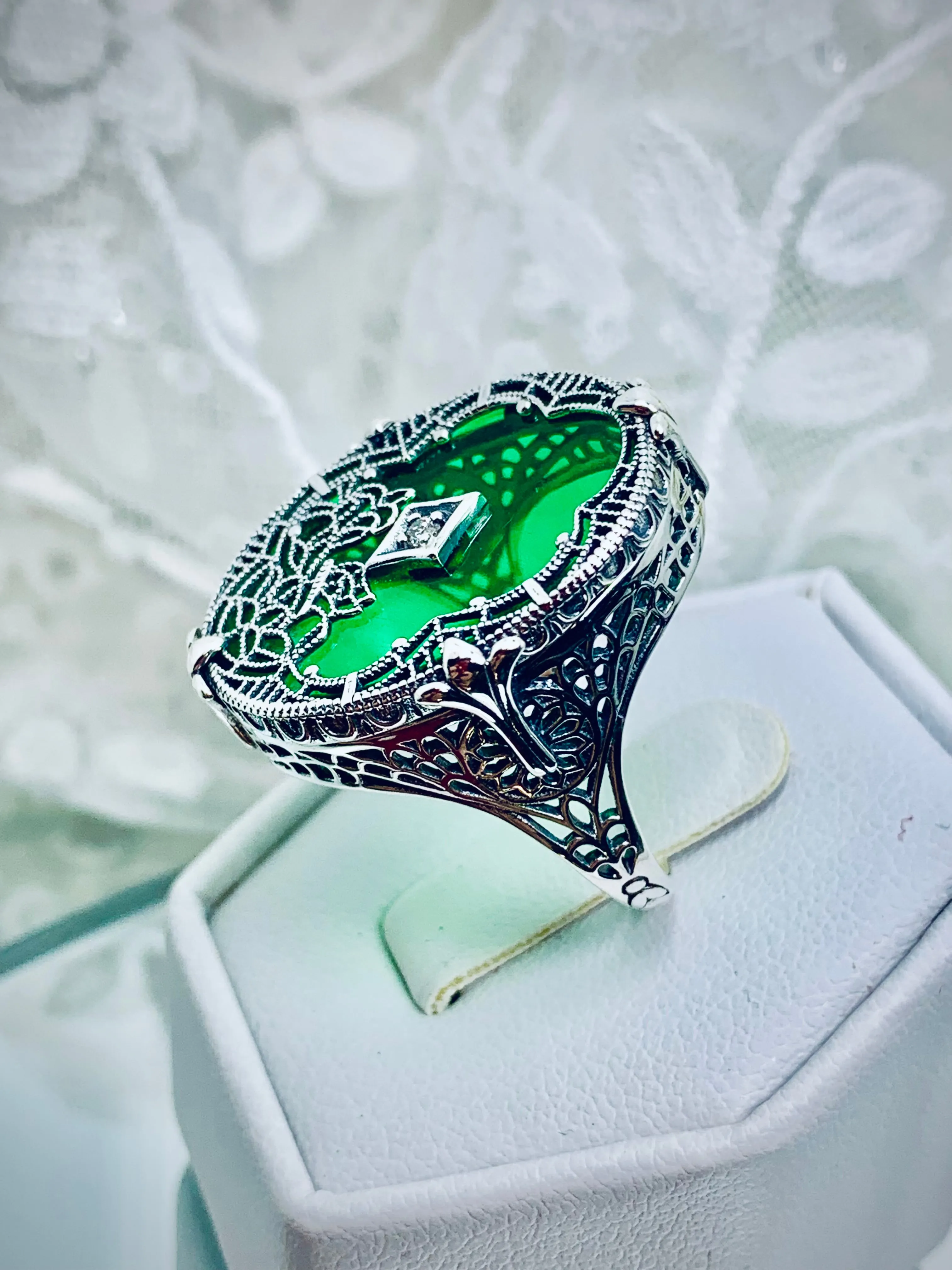 Oval Stained Glass Ring, Green Camphor Glass with inset, Looking Glass #D594