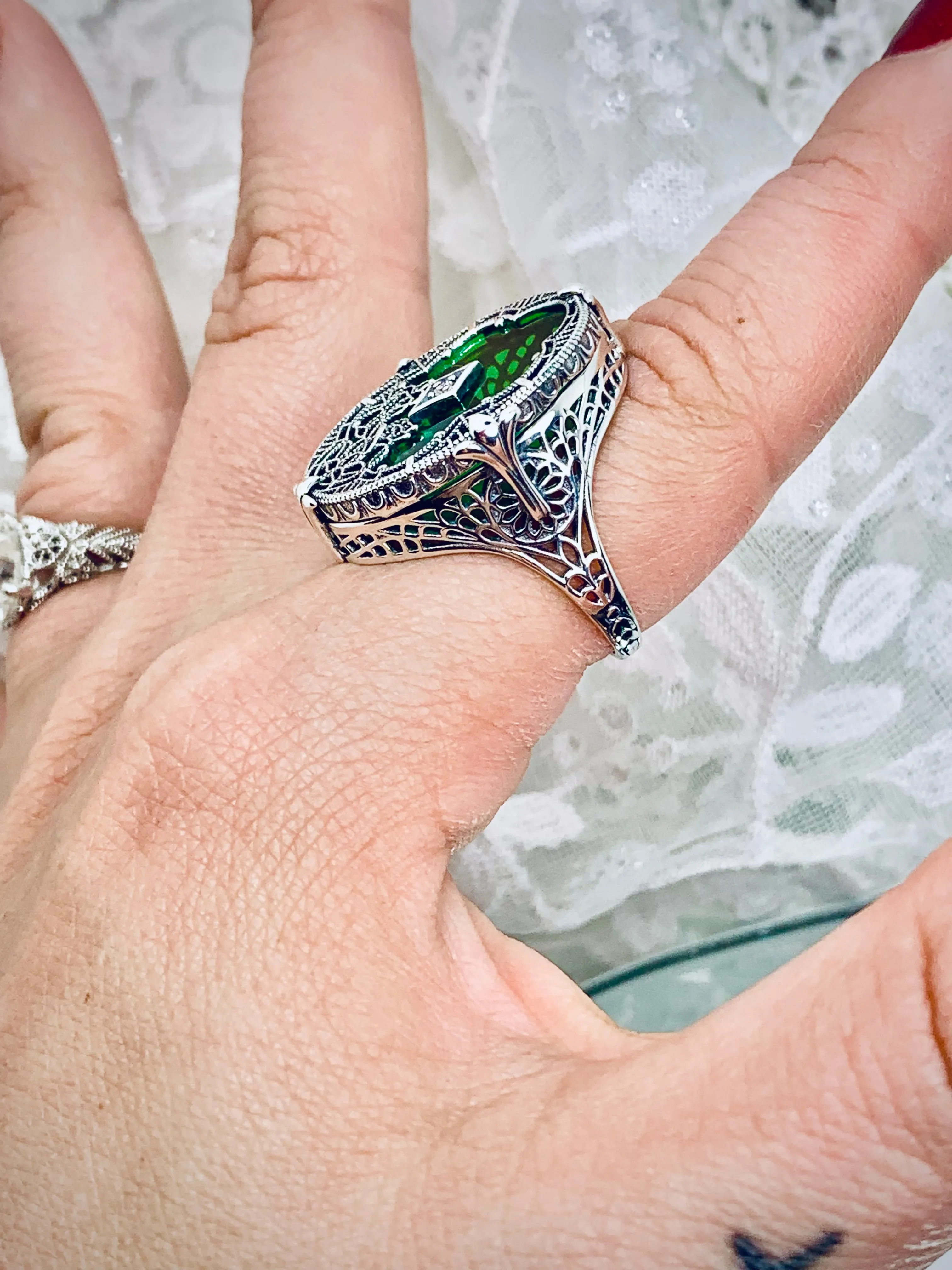 Oval Stained Glass Ring, Green Camphor Glass with inset, Looking Glass #D594