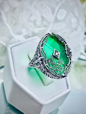 Oval Stained Glass Ring, Green Camphor Glass with inset, Looking Glass #D594