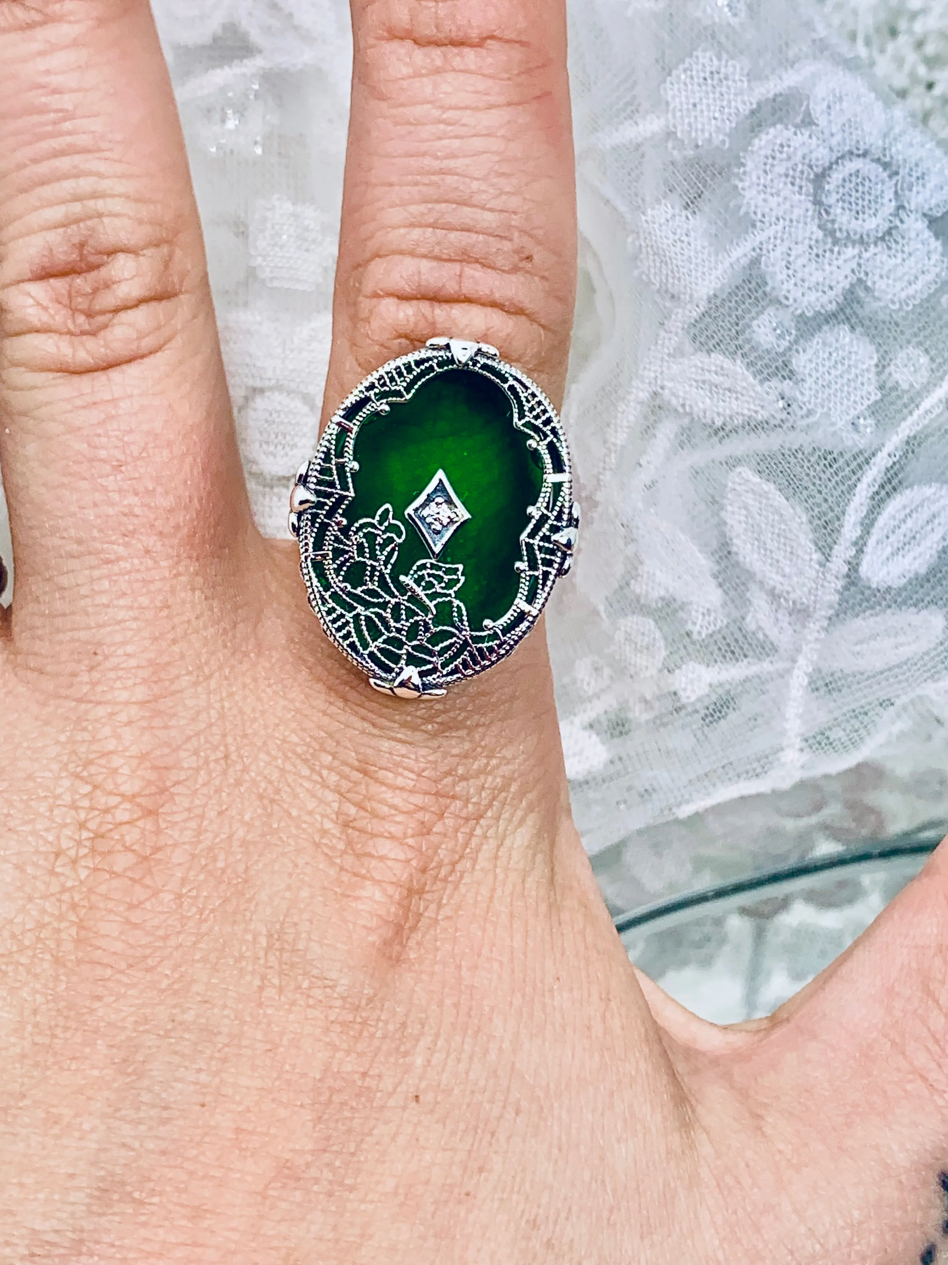 Oval Stained Glass Ring, Green Camphor Glass with inset, Looking Glass #D594