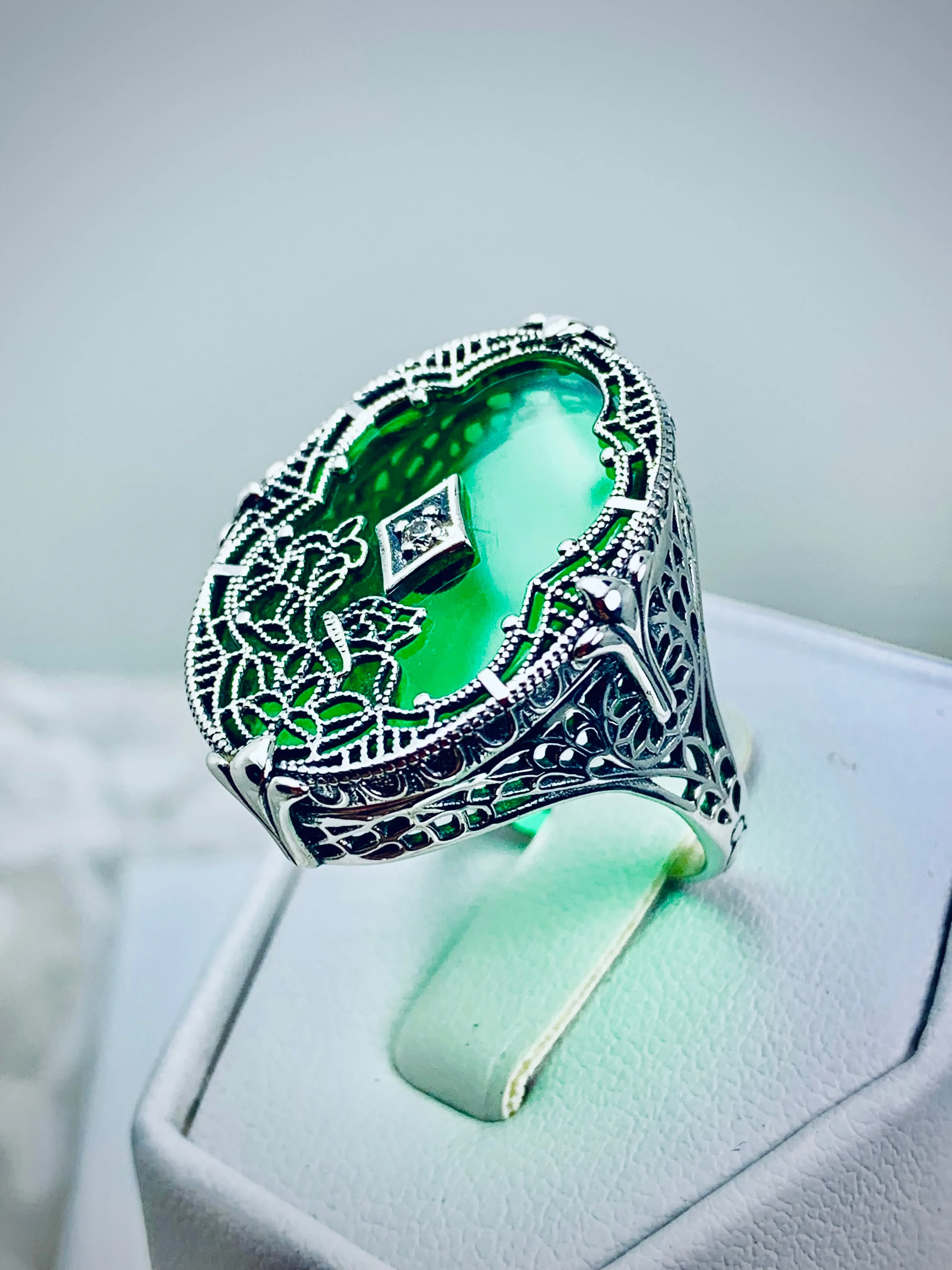 Oval Stained Glass Ring, Green Camphor Glass with inset, Looking Glass #D594