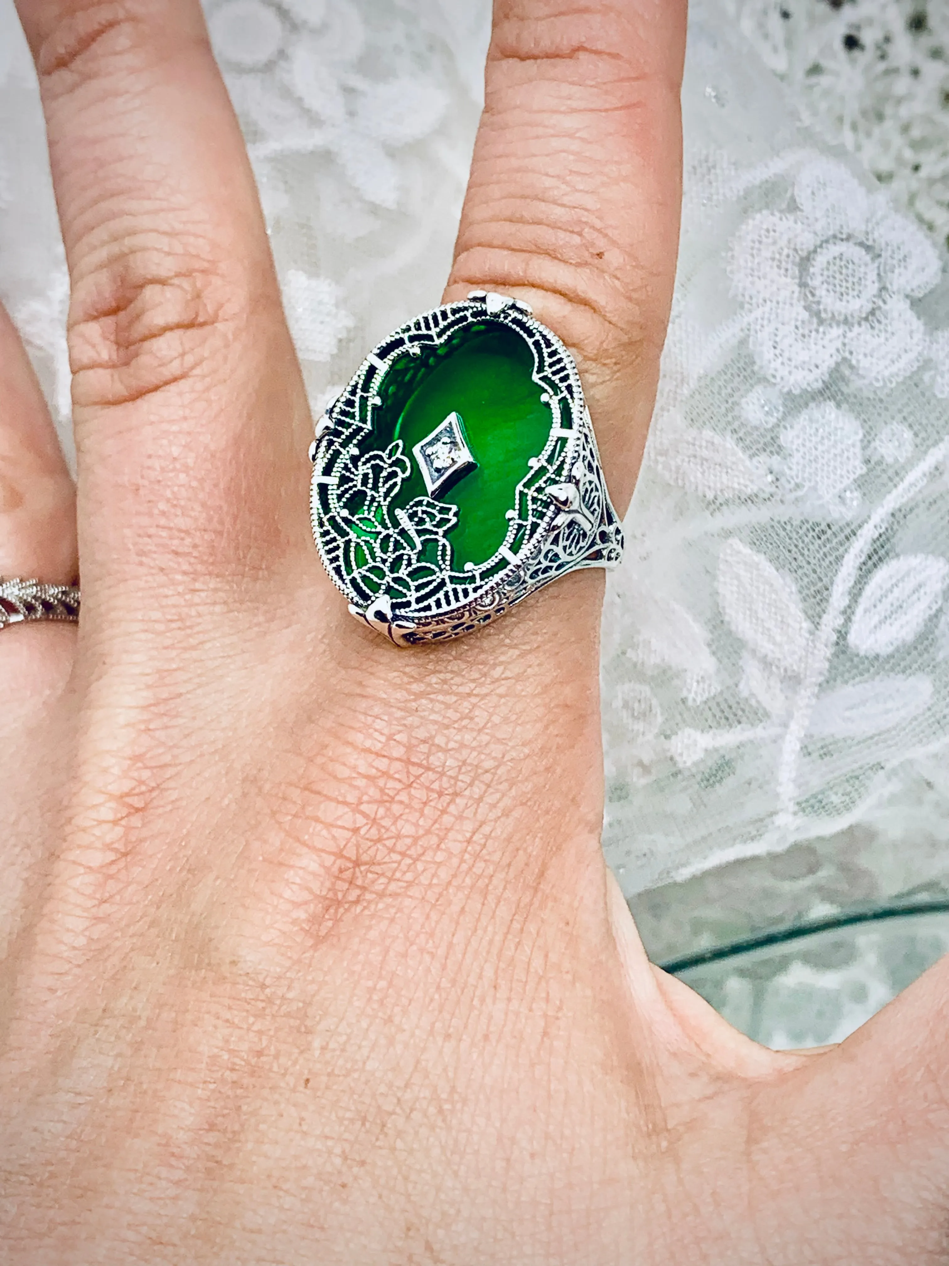 Oval Stained Glass Ring, Green Camphor Glass with inset, Looking Glass #D594