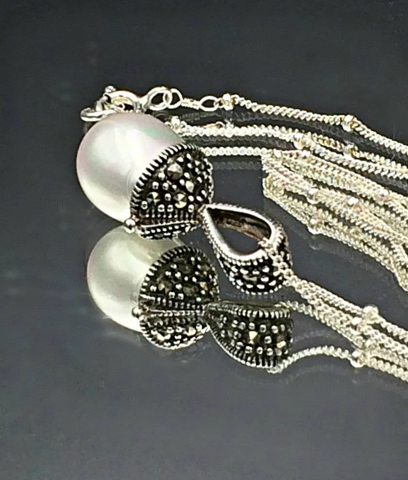 Oxidized Sterling Silver and Pearl Pendant Necklace