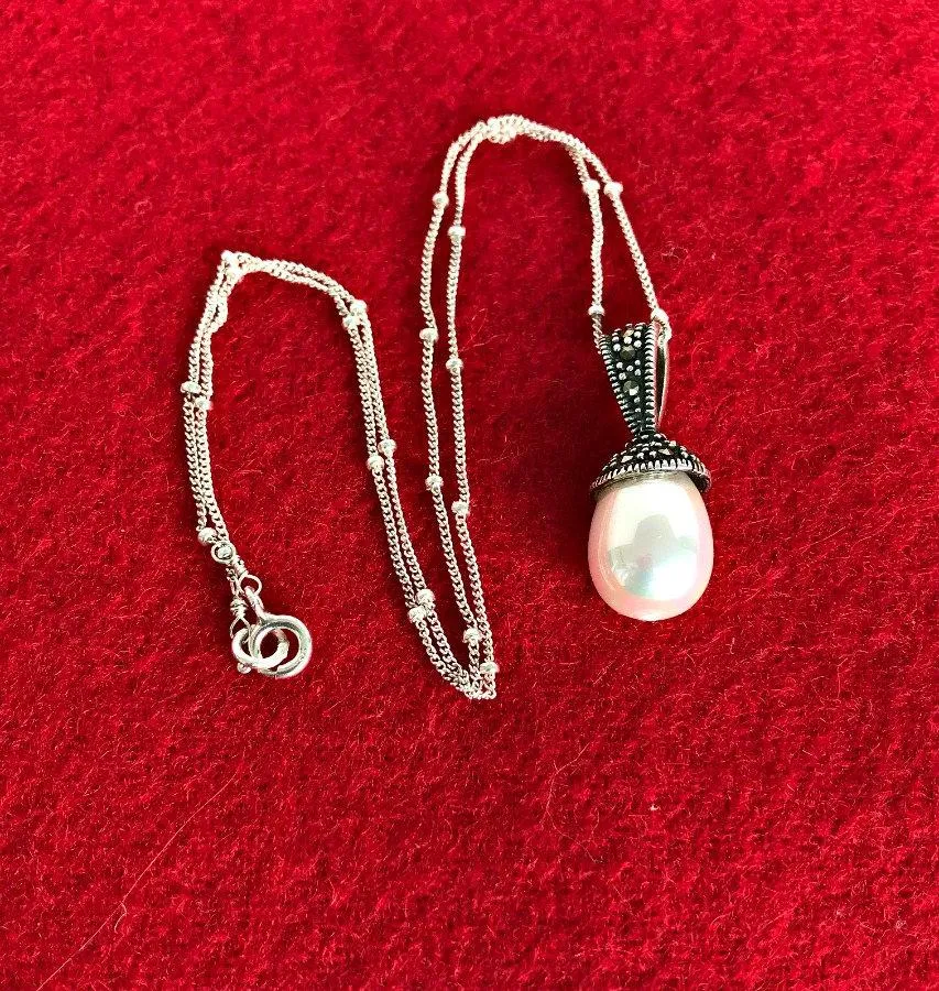 Oxidized Sterling Silver and Pearl Pendant Necklace