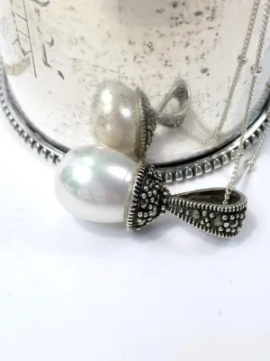 Oxidized Sterling Silver and Pearl Pendant Necklace