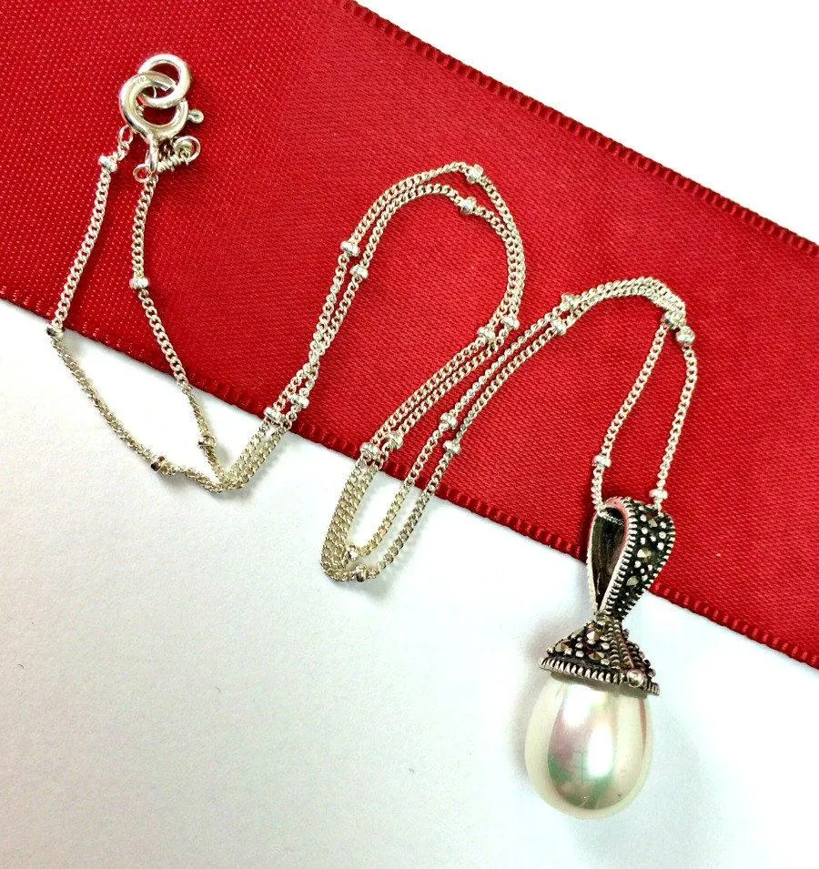 Oxidized Sterling Silver and Pearl Pendant Necklace