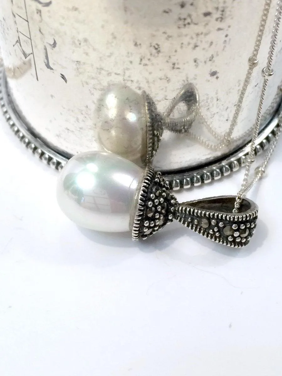 Oxidized Sterling Silver and Pearl Pendant Necklace