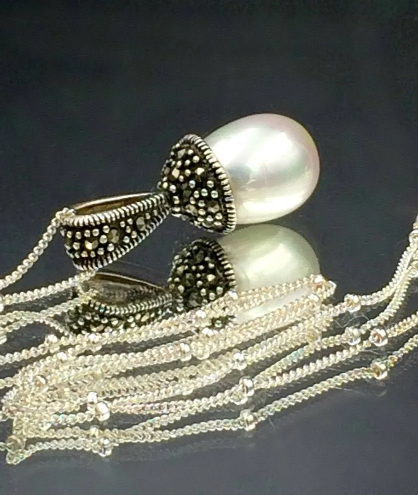 Oxidized Sterling Silver and Pearl Pendant Necklace