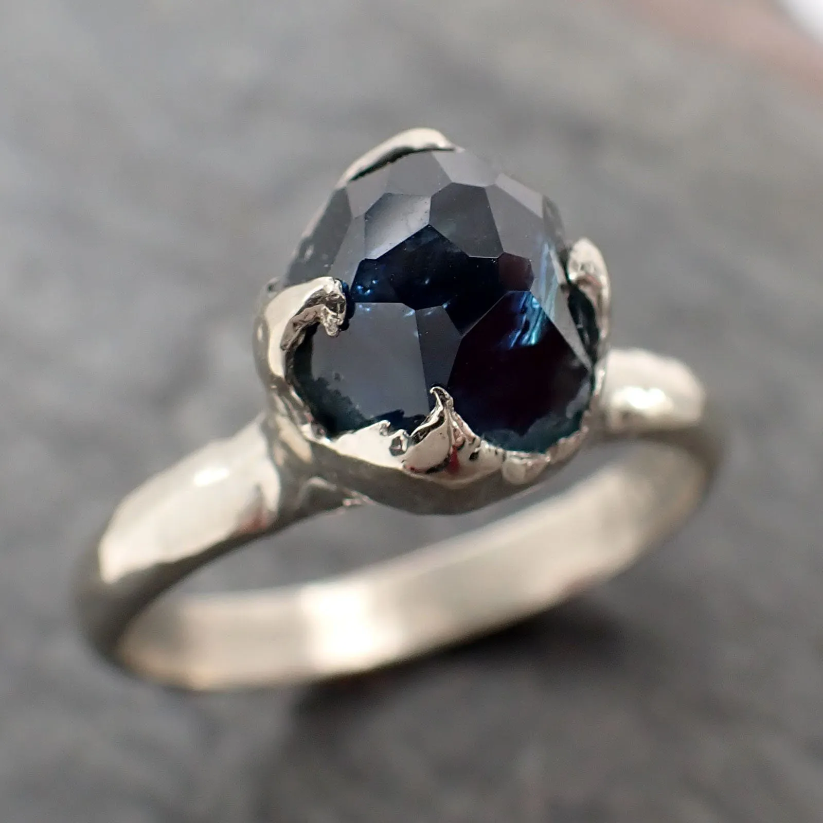 partially faceted blue sapphire solitaire white gold engagement ring wedding ring one of a kind gemstone ring 2917 Alternative Engagement
