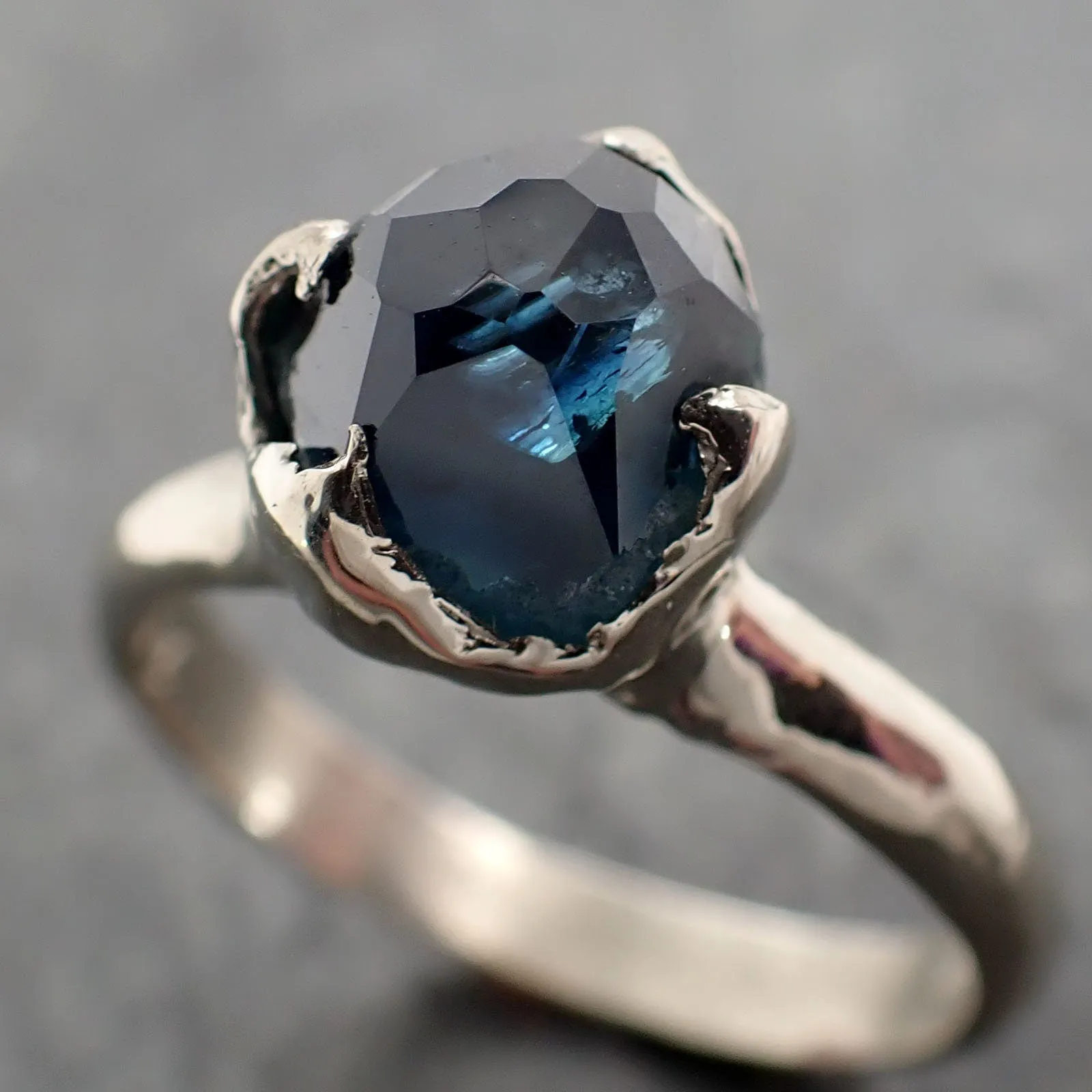 partially faceted blue sapphire solitaire white gold engagement ring wedding ring one of a kind gemstone ring 2917 Alternative Engagement