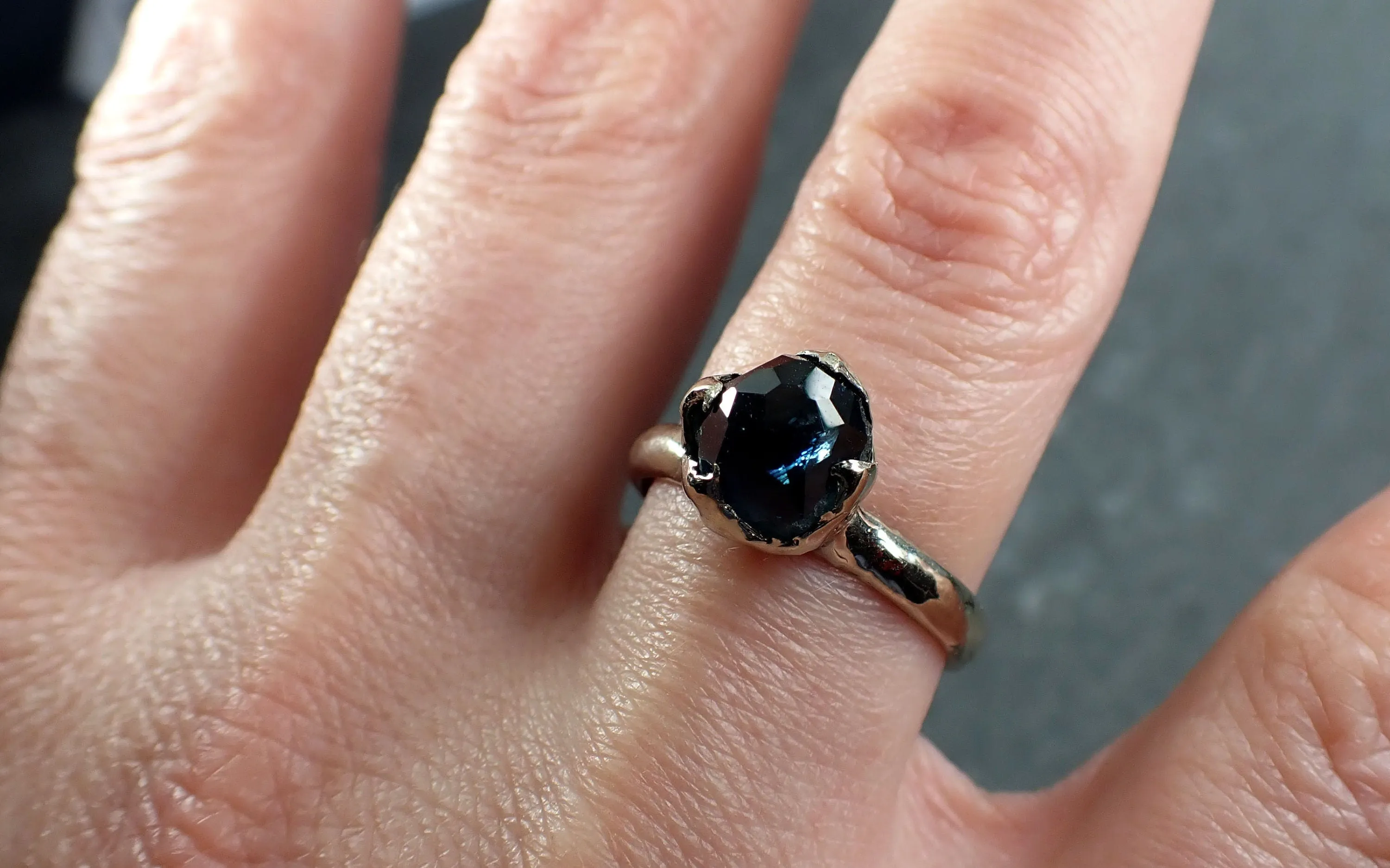 partially faceted blue sapphire solitaire white gold engagement ring wedding ring one of a kind gemstone ring 2917 Alternative Engagement