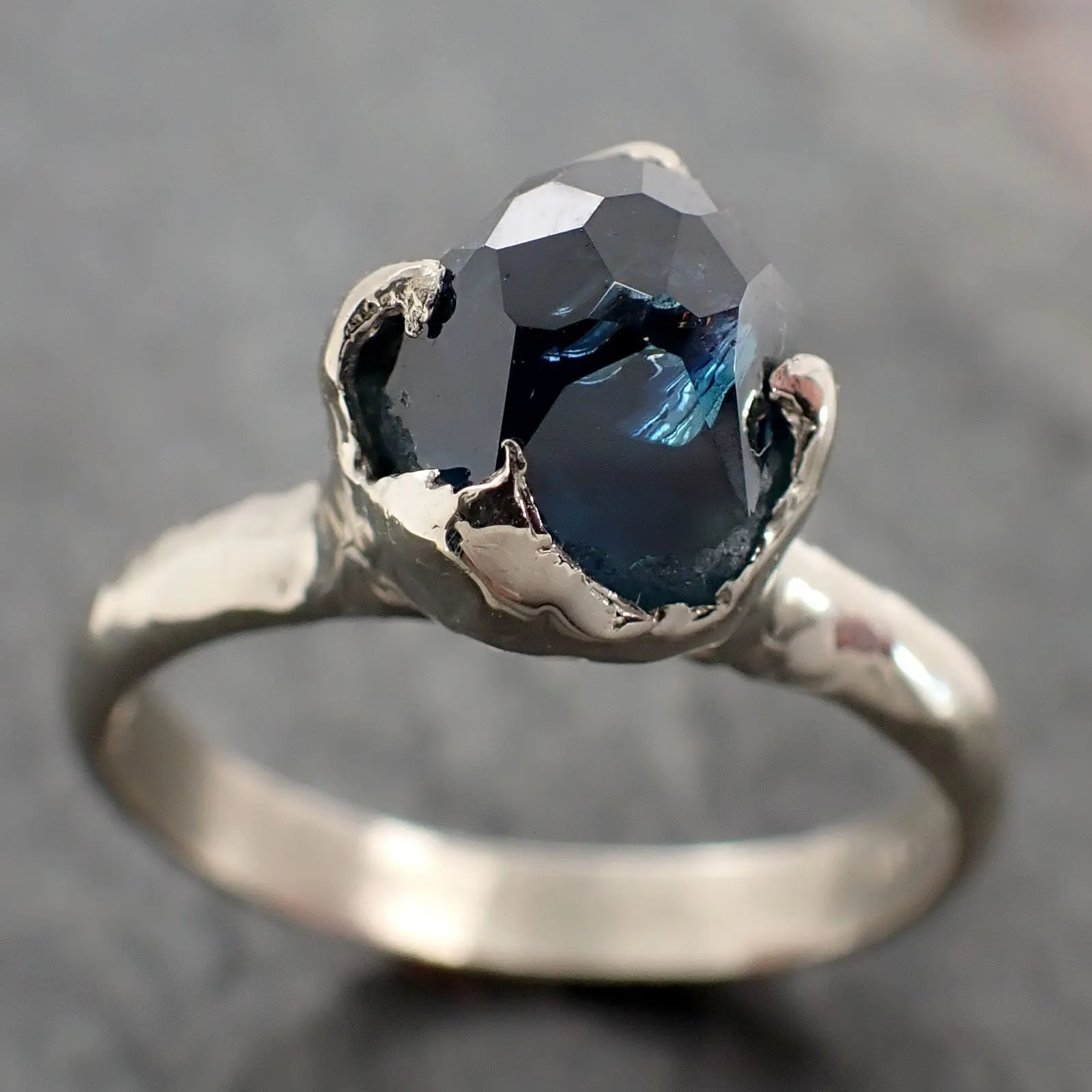 partially faceted blue sapphire solitaire white gold engagement ring wedding ring one of a kind gemstone ring 2917 Alternative Engagement