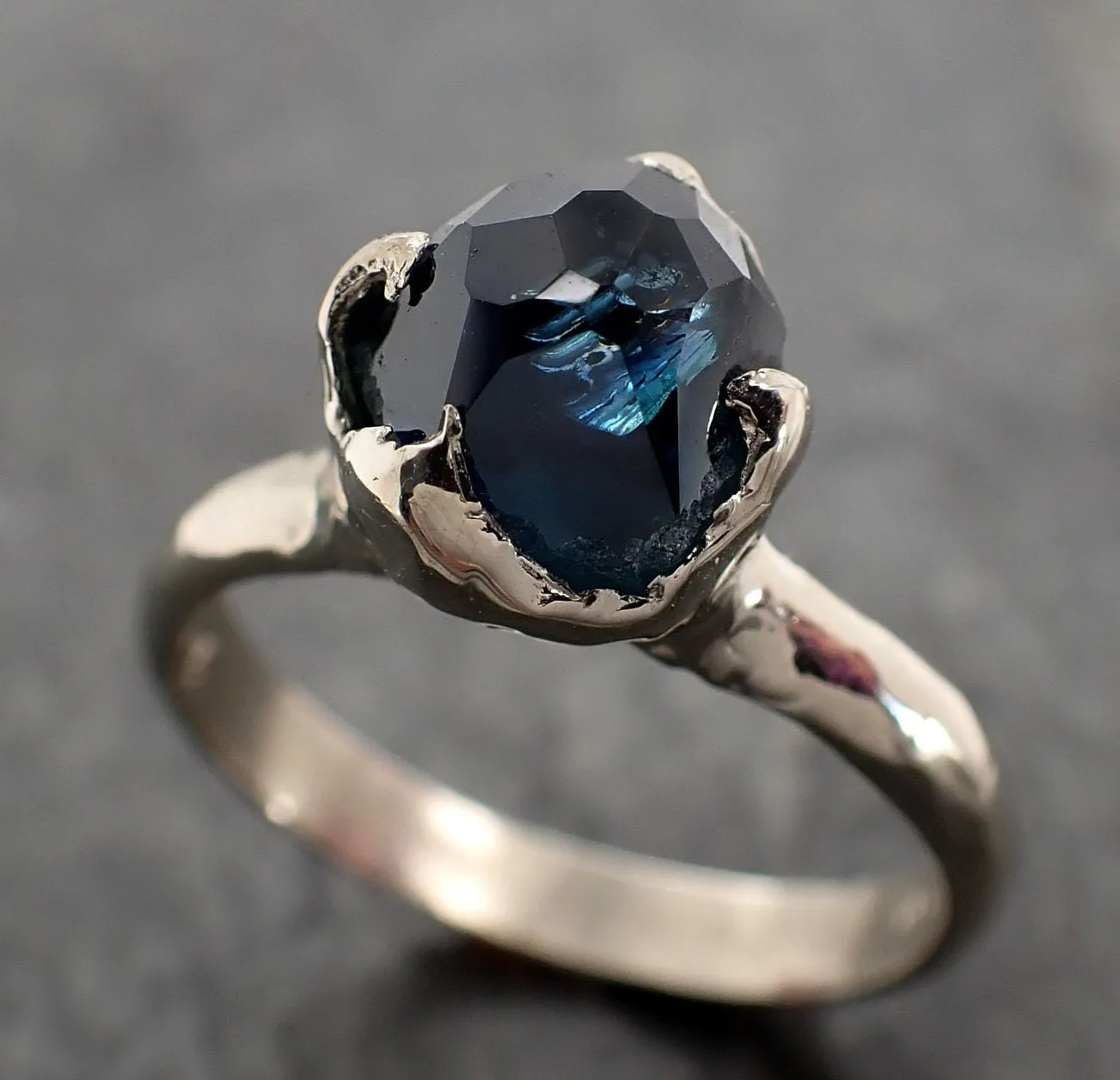 partially faceted blue sapphire solitaire white gold engagement ring wedding ring one of a kind gemstone ring 2917 Alternative Engagement