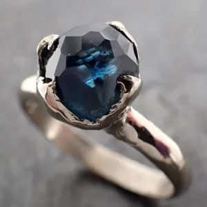 partially faceted blue sapphire solitaire white gold engagement ring wedding ring one of a kind gemstone ring 2917 Alternative Engagement