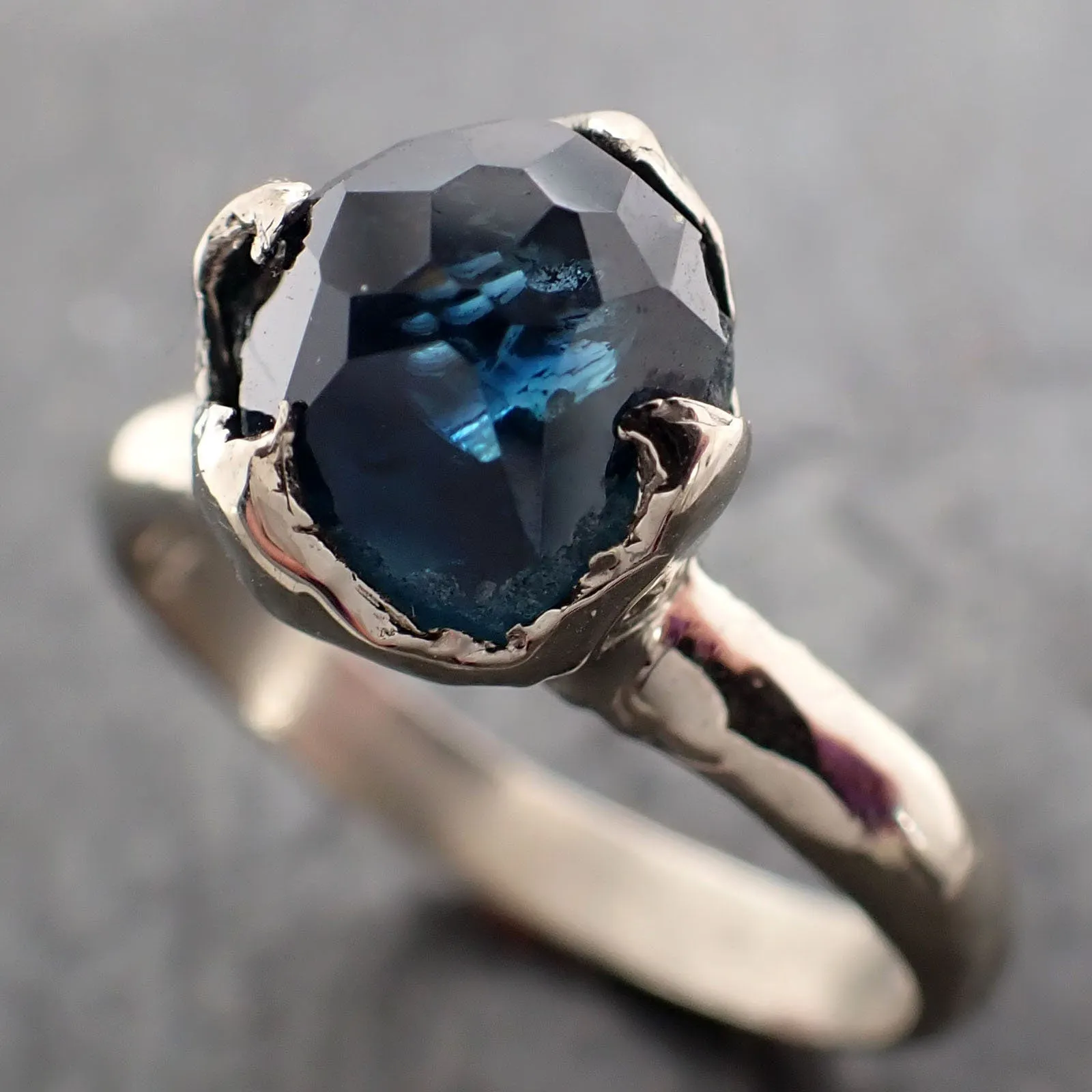 partially faceted blue sapphire solitaire white gold engagement ring wedding ring one of a kind gemstone ring 2917 Alternative Engagement