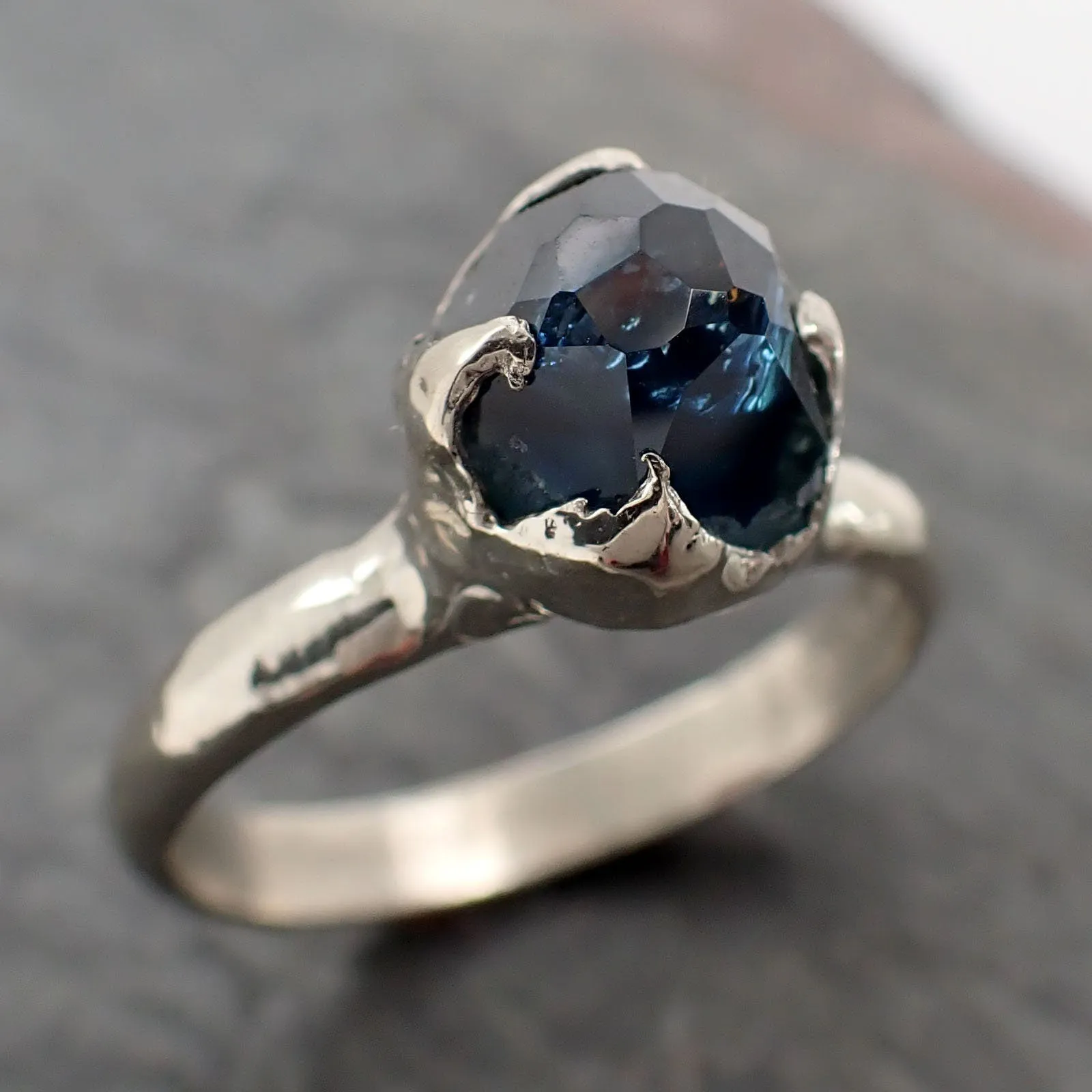 partially faceted blue sapphire solitaire white gold engagement ring wedding ring one of a kind gemstone ring 2917 Alternative Engagement