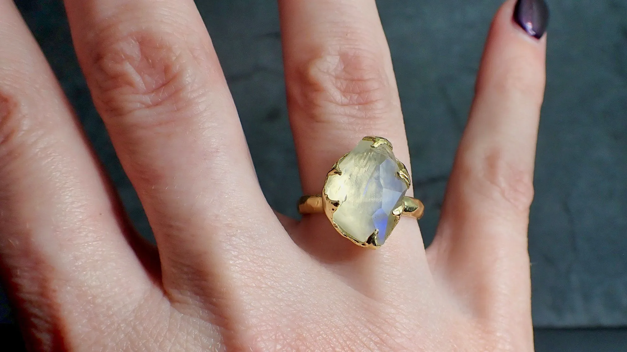 partially faceted moonstone yellow gold ring gemstone solitaire recycled 18k statement 2189 Alternative Engagement