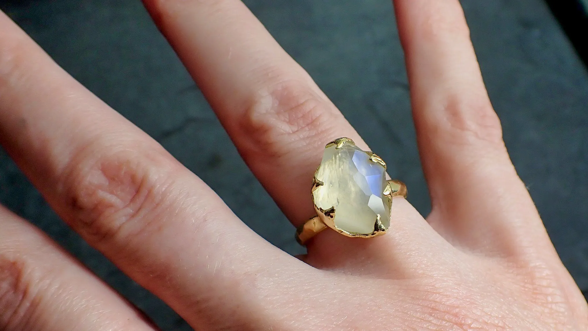 partially faceted moonstone yellow gold ring gemstone solitaire recycled 18k statement 2189 Alternative Engagement