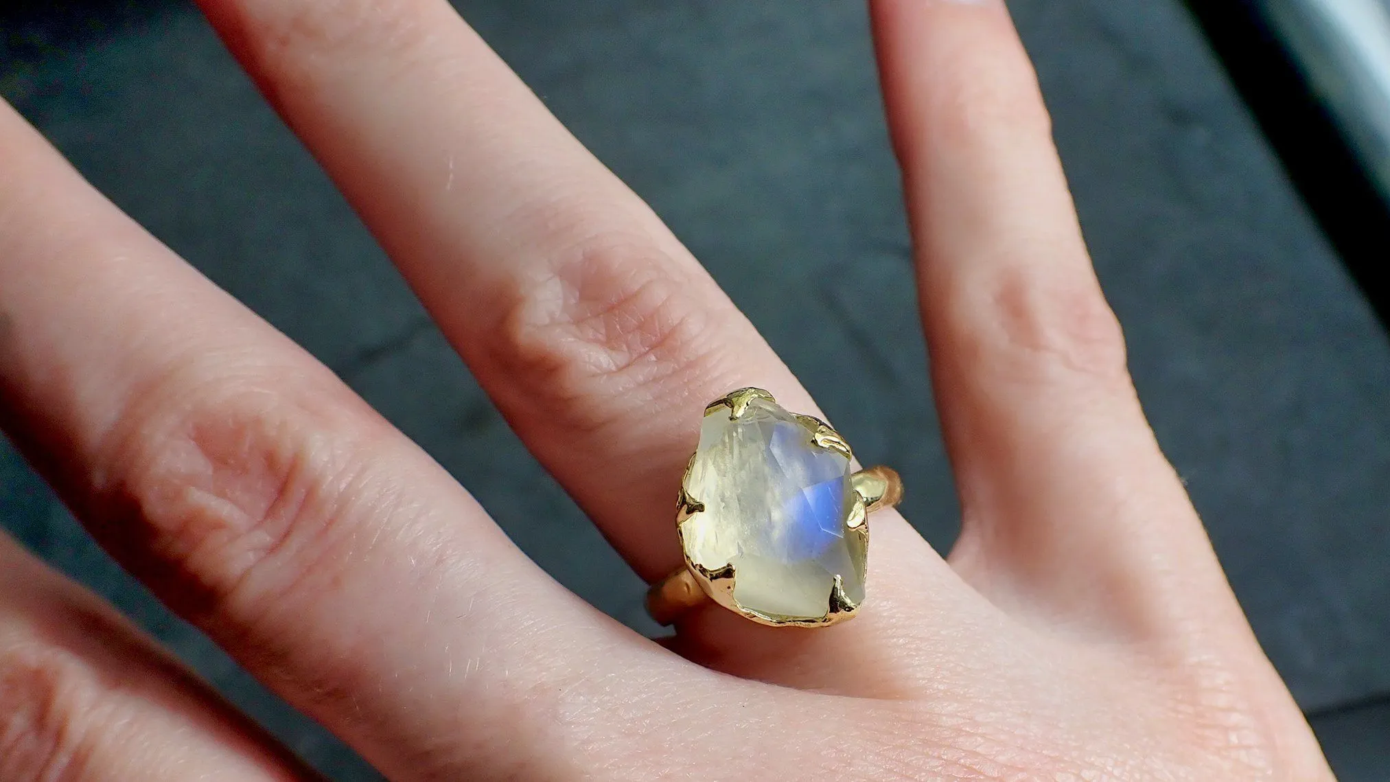 partially faceted moonstone yellow gold ring gemstone solitaire recycled 18k statement 2189 Alternative Engagement