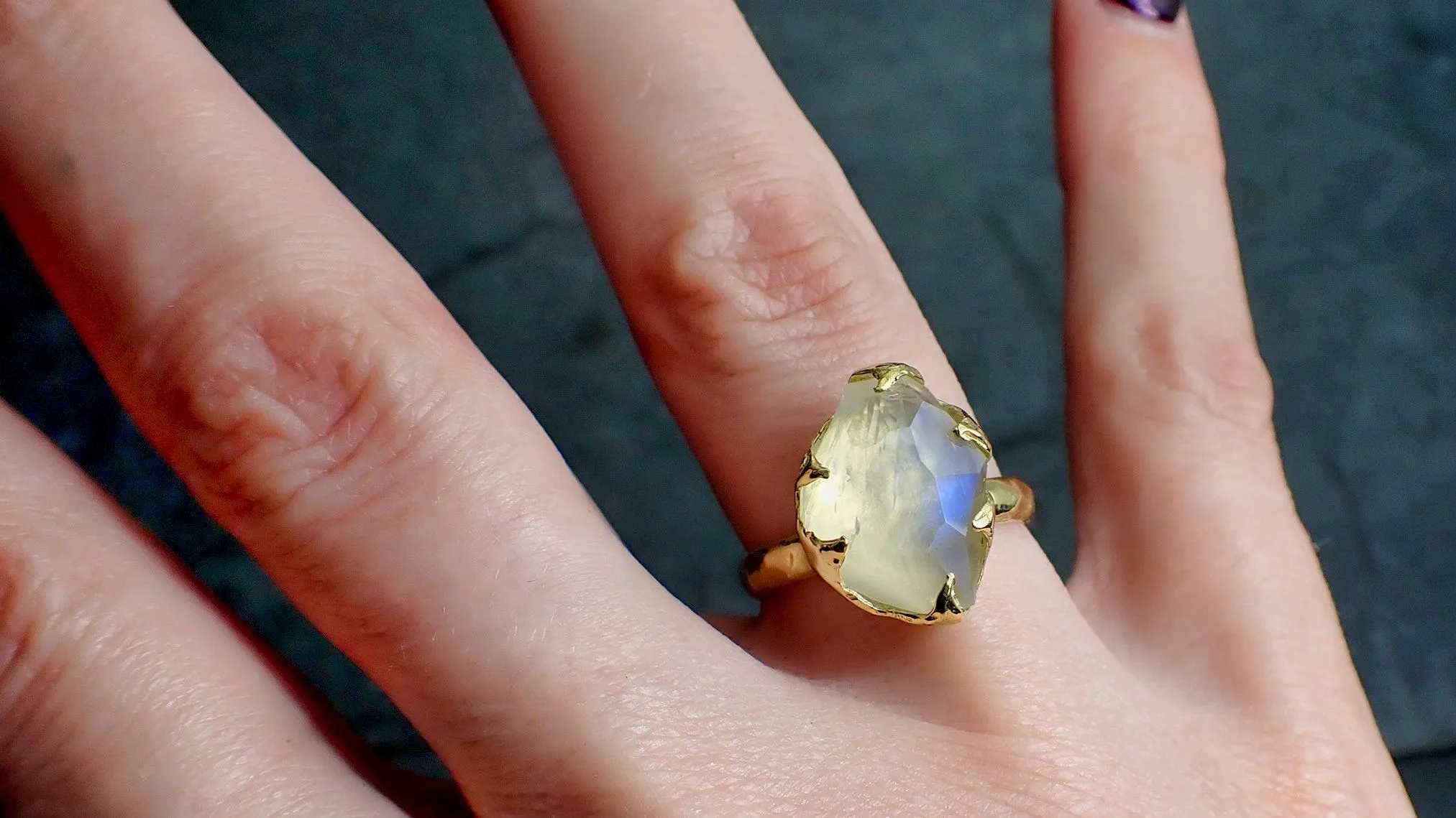 partially faceted moonstone yellow gold ring gemstone solitaire recycled 18k statement 2189 Alternative Engagement