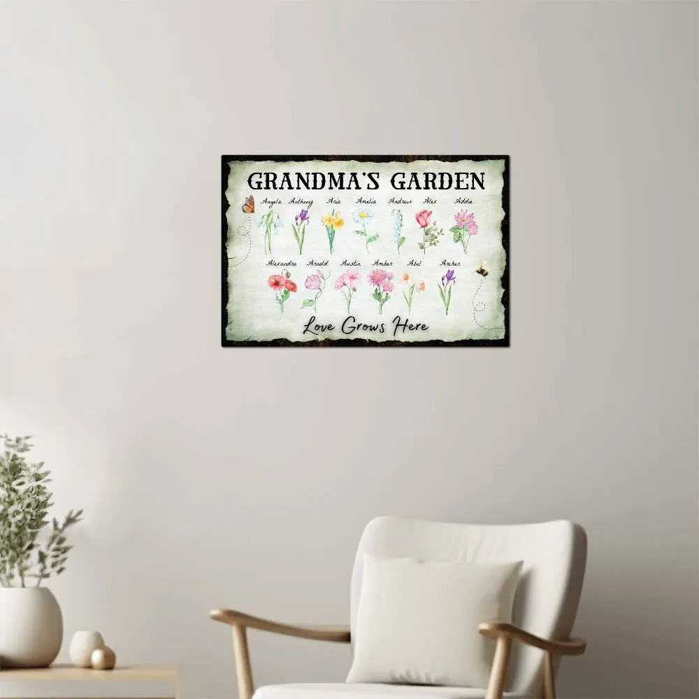 Personalized "Love Grows Here" Metal Sign – Custom Birth Flower Family Garden Artwork