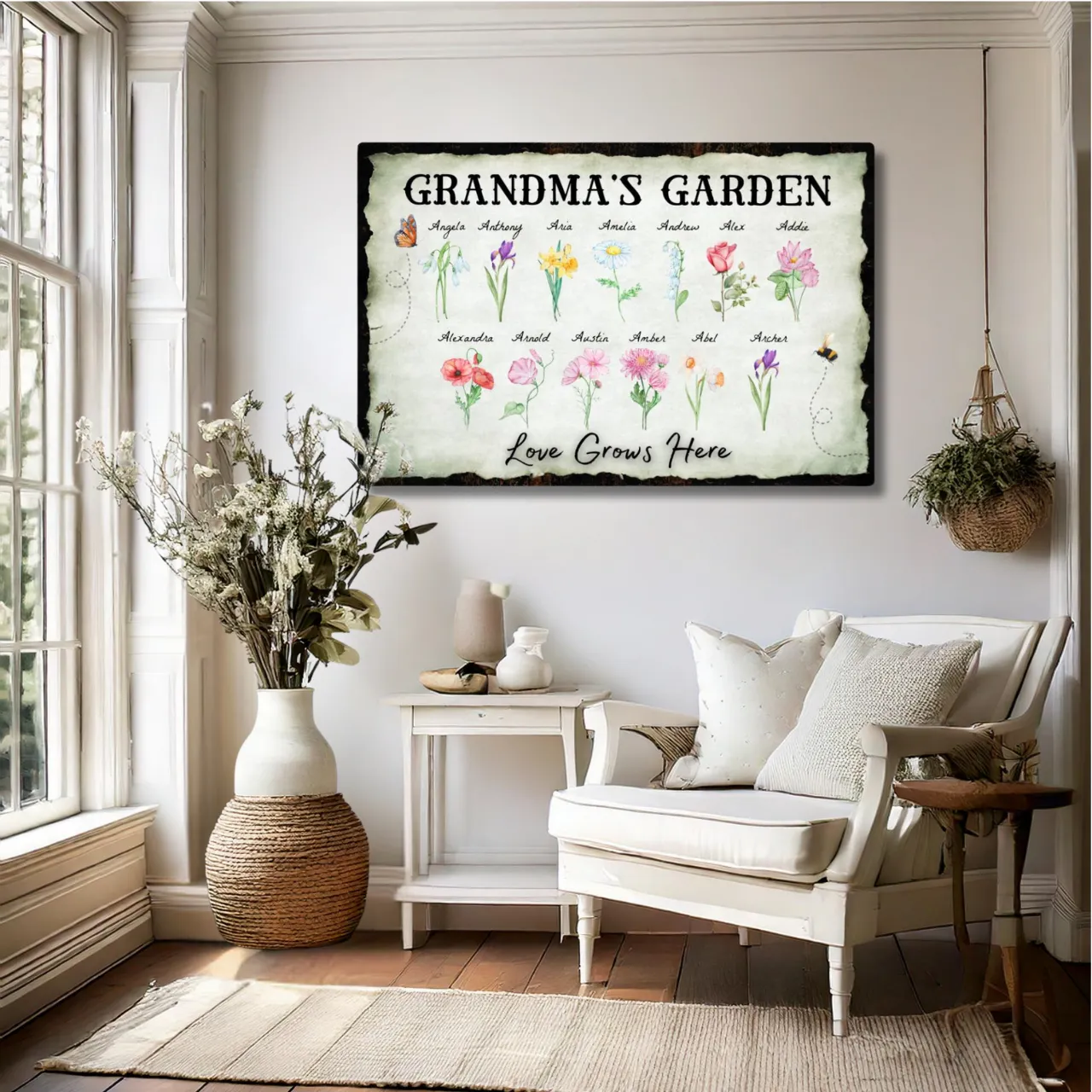 Personalized "Love Grows Here" Metal Sign – Custom Birth Flower Family Garden Artwork
