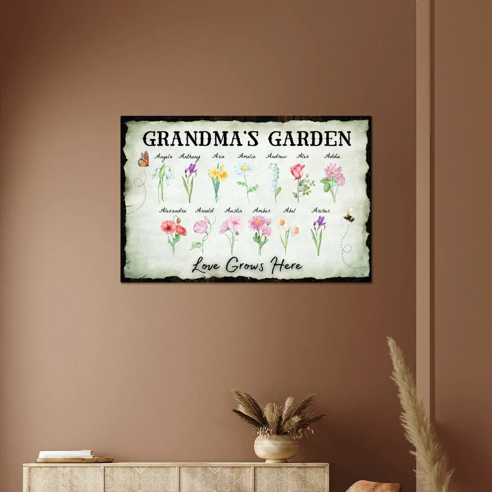 Personalized "Love Grows Here" Metal Sign – Custom Birth Flower Family Garden Artwork