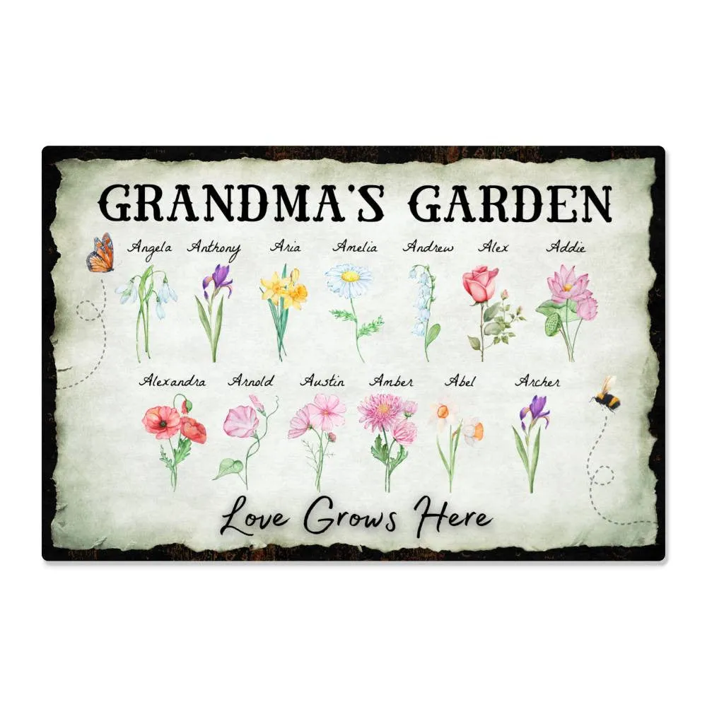 Personalized "Love Grows Here" Metal Sign – Custom Birth Flower Family Garden Artwork