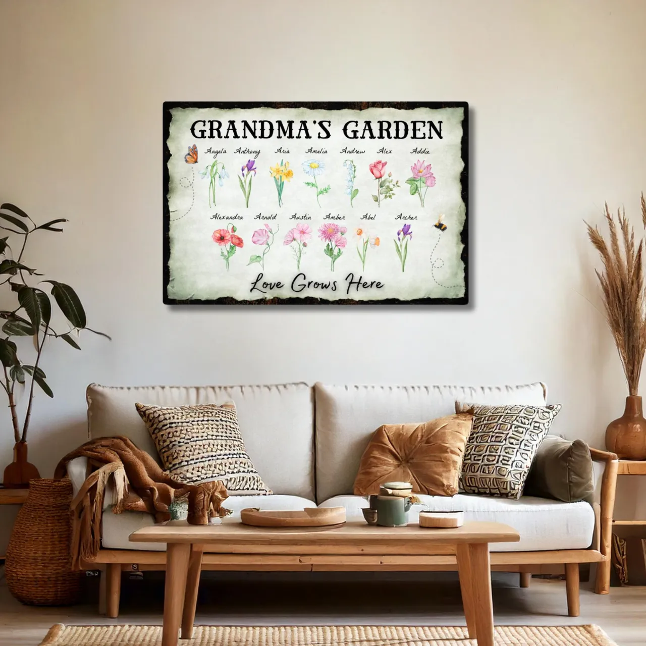 Personalized "Love Grows Here" Metal Sign – Custom Birth Flower Family Garden Artwork