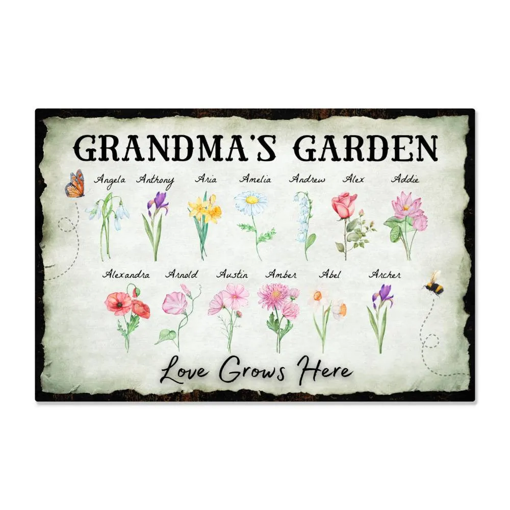 Personalized "Love Grows Here" Metal Sign – Custom Birth Flower Family Garden Artwork