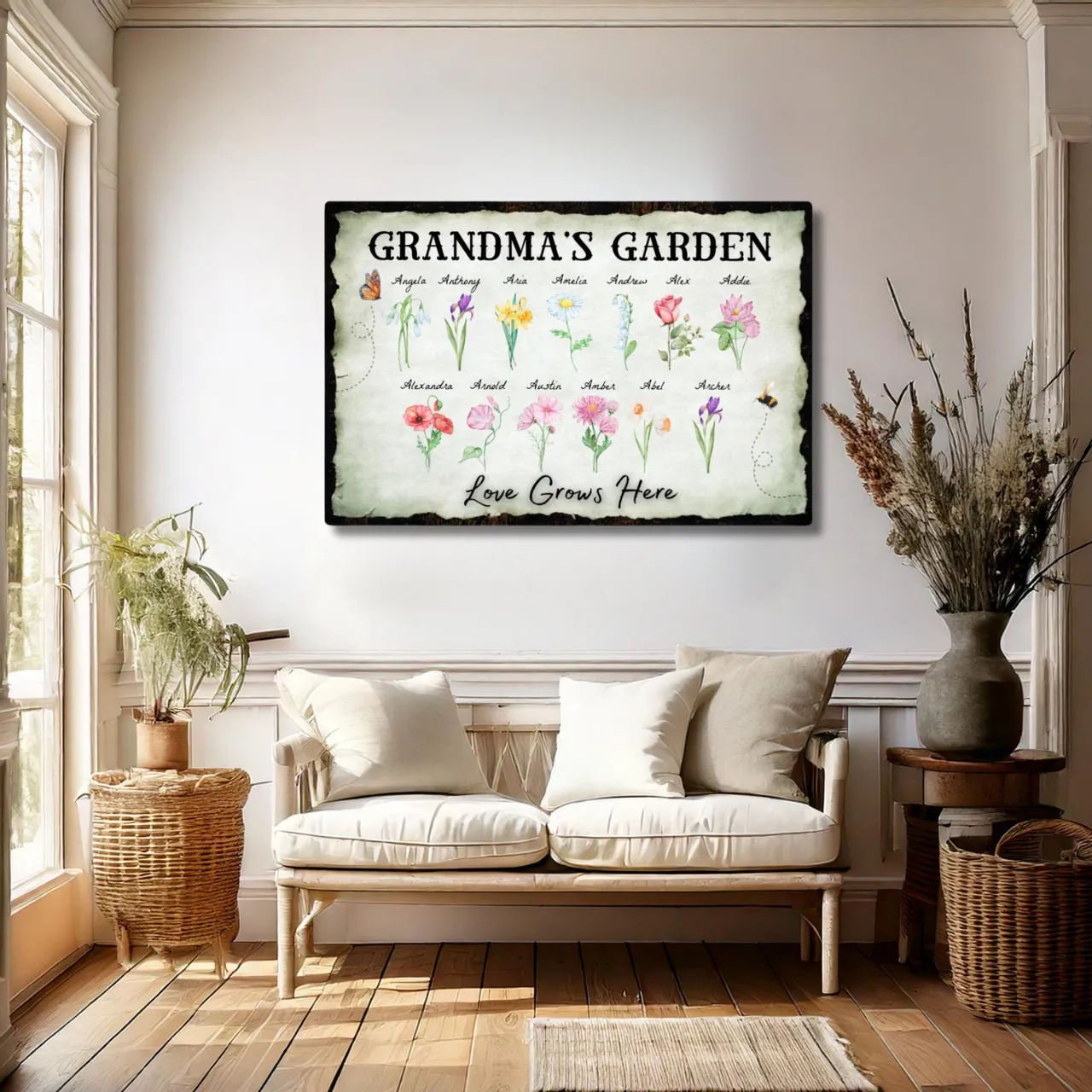 Personalized "Love Grows Here" Metal Sign – Custom Birth Flower Family Garden Artwork