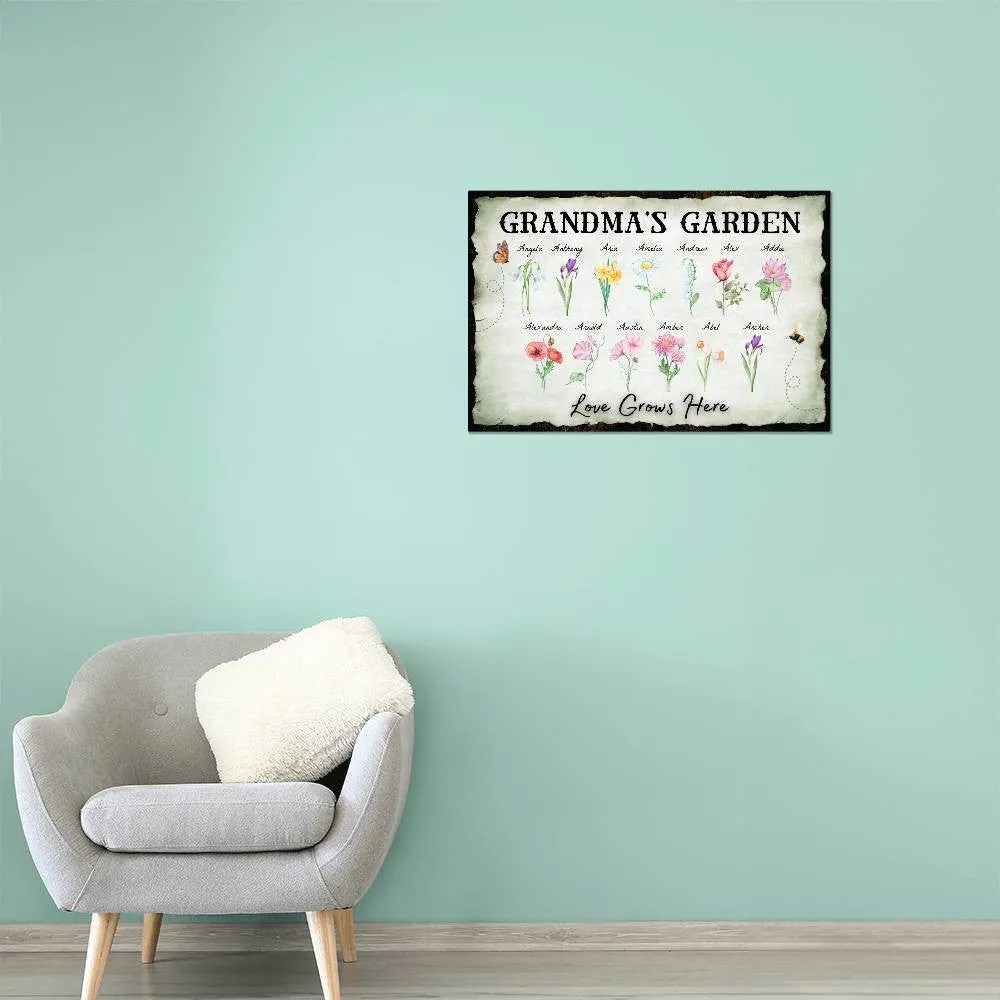 Personalized "Love Grows Here" Metal Sign – Custom Birth Flower Family Garden Artwork