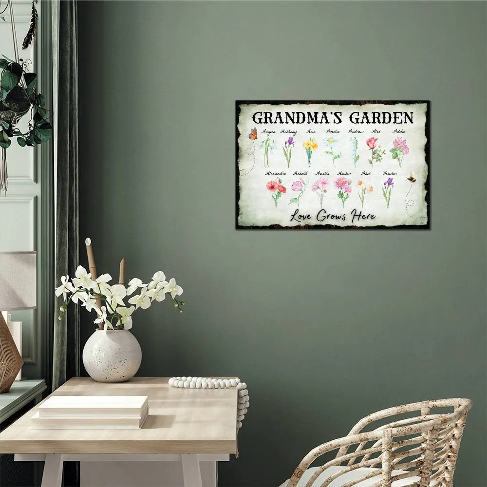 Personalized "Love Grows Here" Metal Sign – Custom Birth Flower Family Garden Artwork