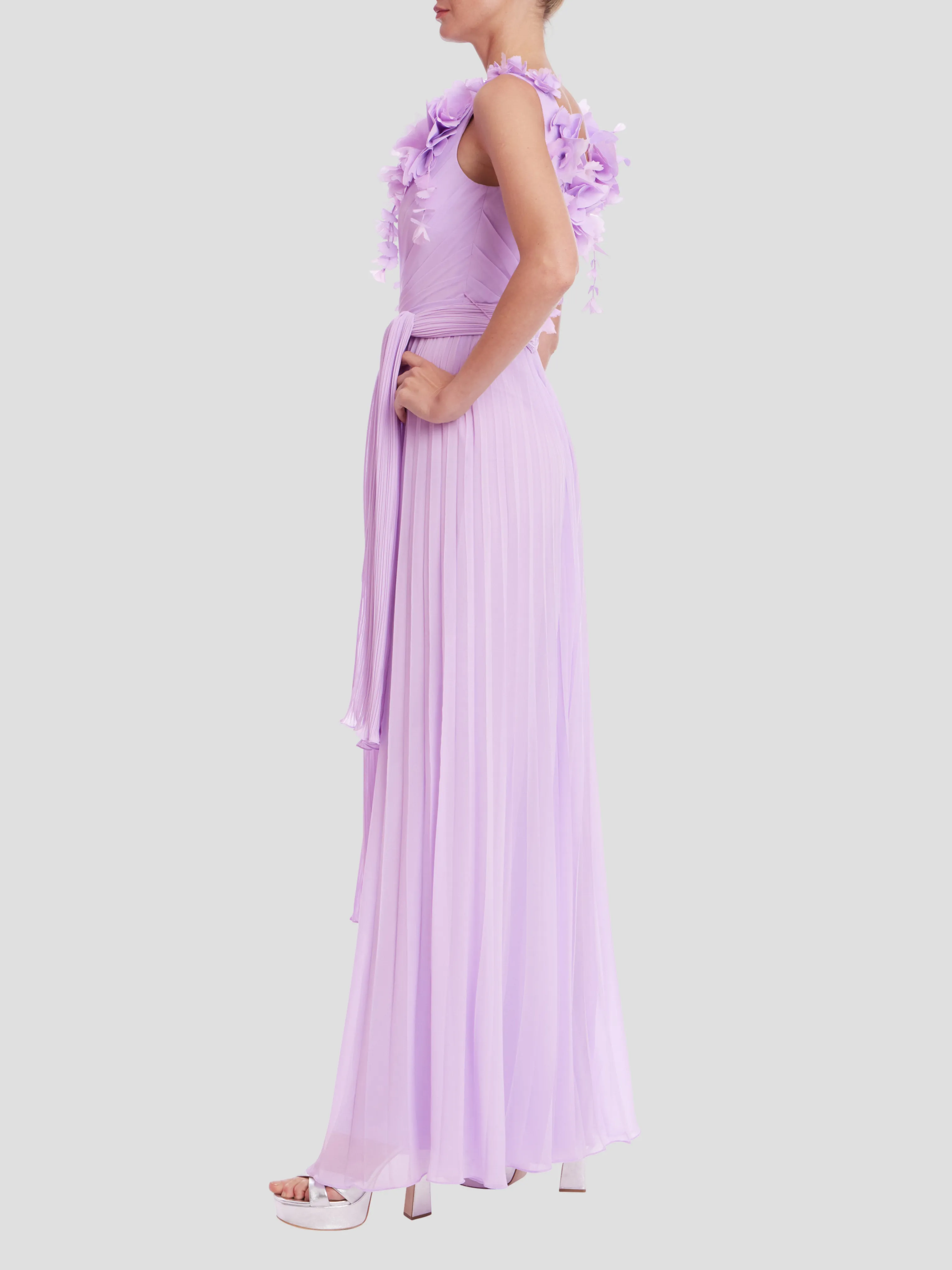 Pleated with 3D Flowers Dress