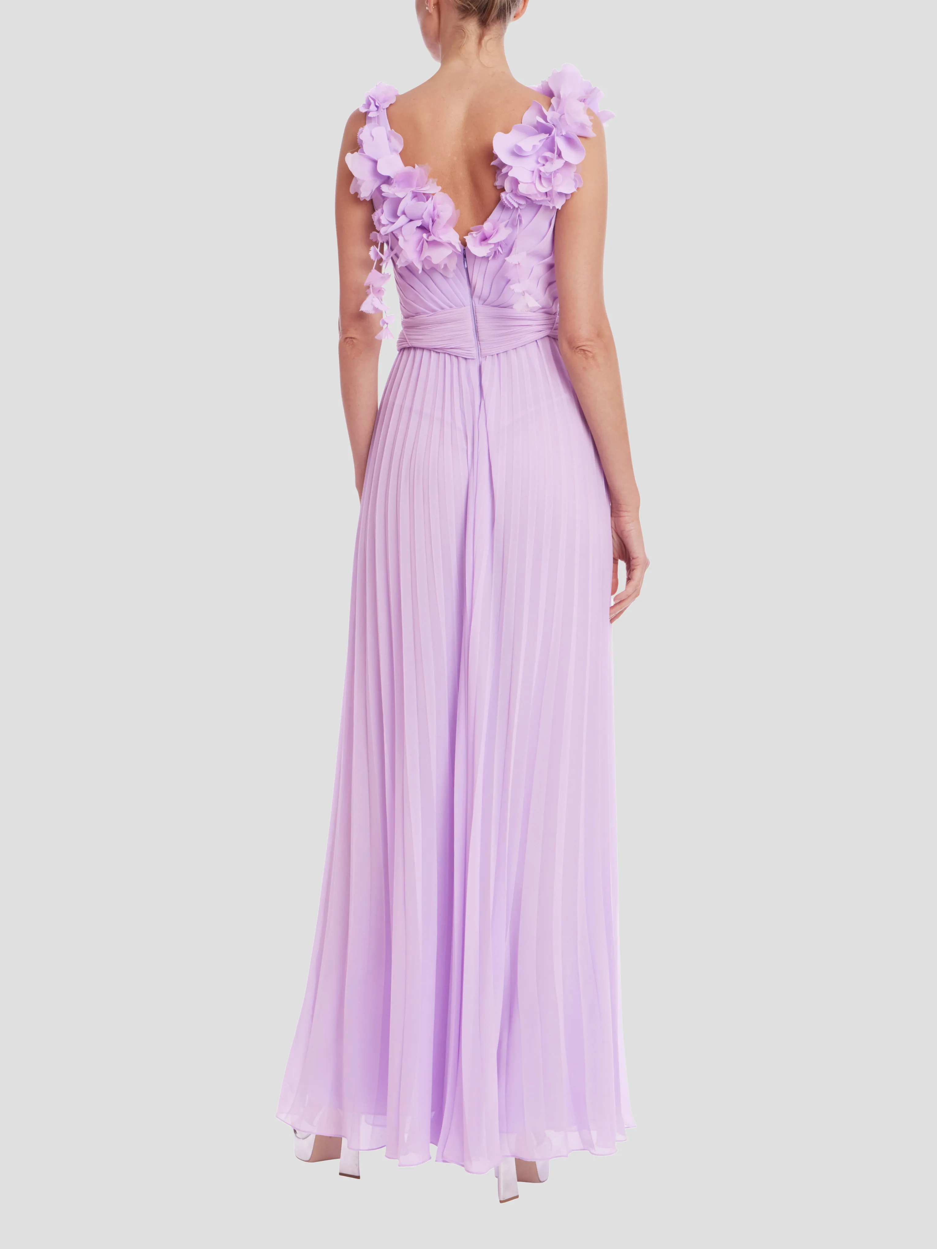 Pleated with 3D Flowers Dress