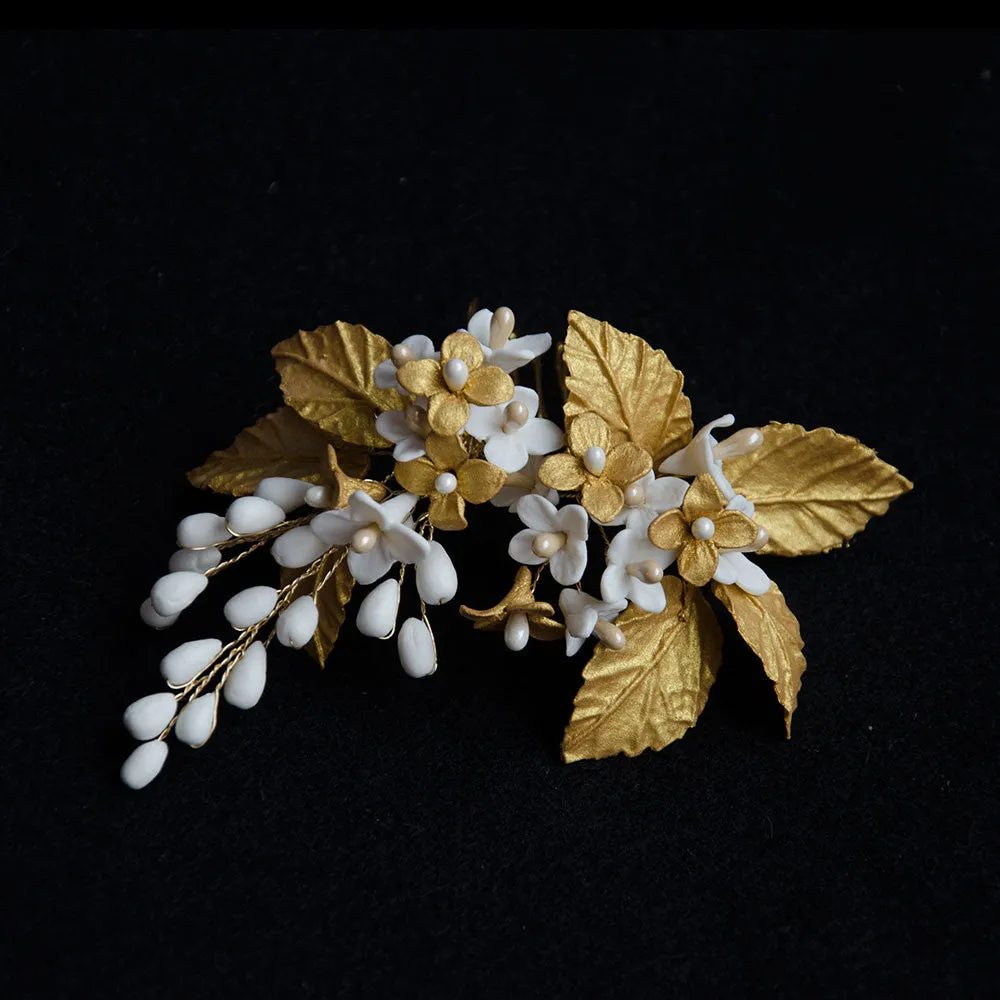Porcelain Flowers in Gold Handmade Bridal Headpiece, Gold Hair Comb